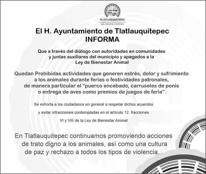 Agradecemos al H. Ayuntamiento de Tlatlauquitepec por su intervención para que los actos de maltrato animal que se pretendía realizar el día de hoy (Puerco encebado) en Tatauzoquico fueran cancelados. Gracias a *Cambiando destinos caninos* por su trabajo y esfuerzo.