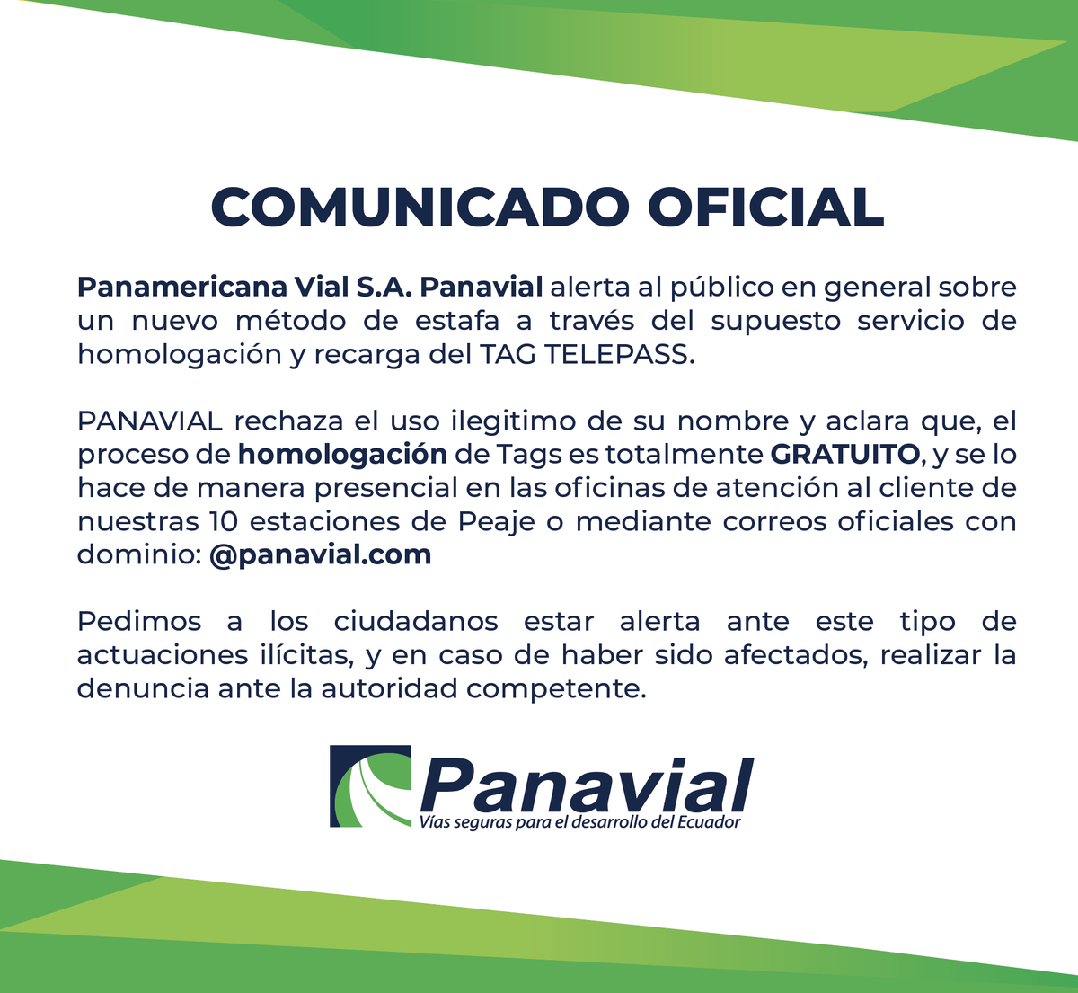 Panavial_ec's tweet image. 🔴¡ALERTA!🔴
#Panavial ha recibido denuncias acerca de cobros por el proceso de homologación y recargas falsas al Tag Telepass, mediante correos que no pertenecen a nuestro dominio. Pedimos a la ciudadanía estar alerta y realizar las denuncias pertinentes.