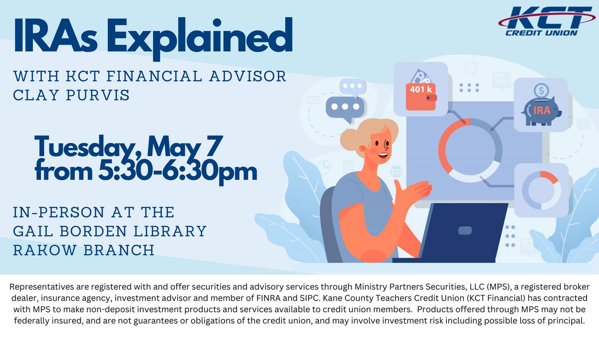 What is an IRA, and how does it fit into planning for retirement? On 5/7 at 5:30pm, join KCT at the @gailbrdnlibrary for an in-depth look at the subject. Learn about the types of IRAs that exist, the requirements to open them, and how to decide which account best fits your needs.