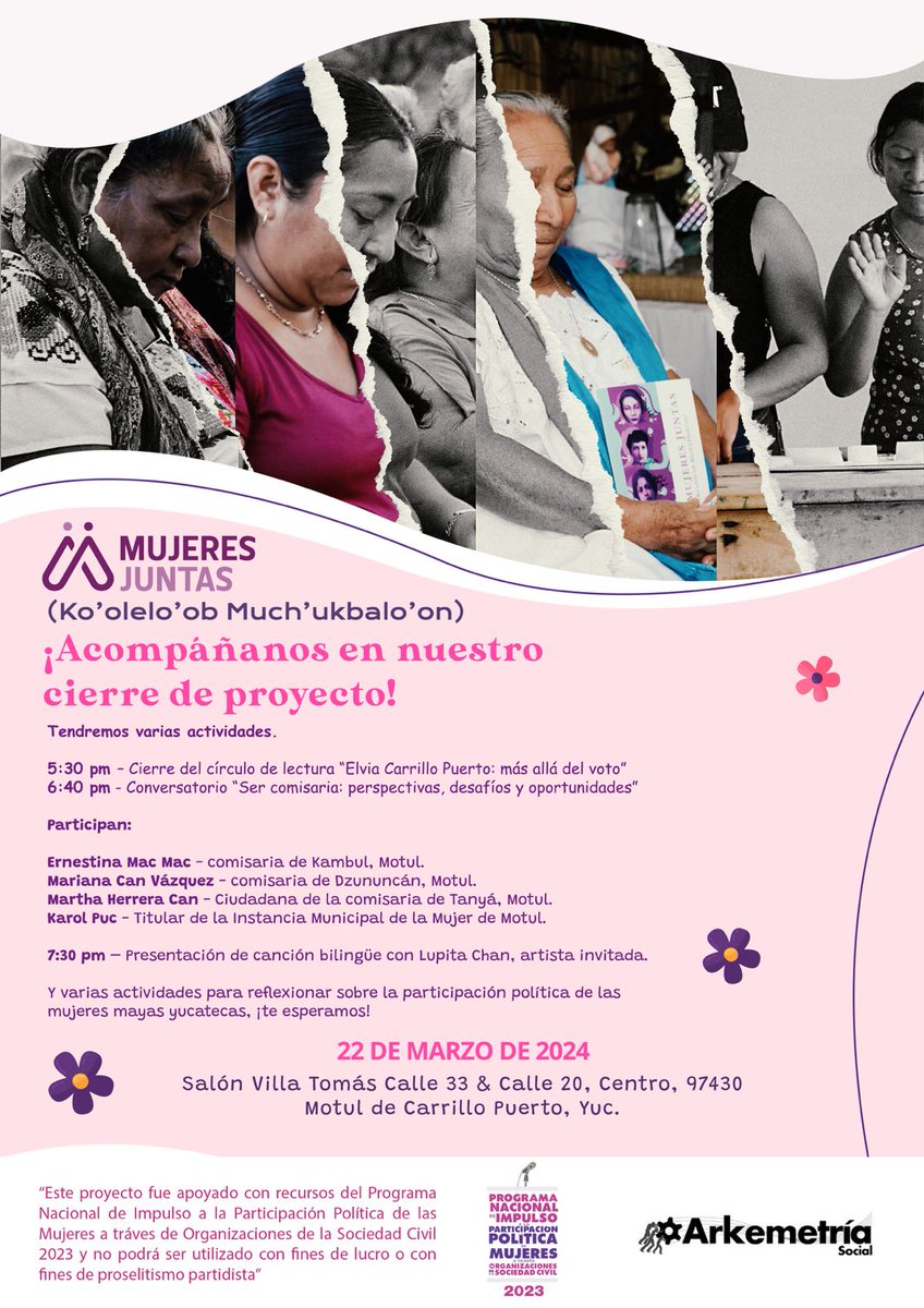 Este viernes cerraremos nuestro hermoso proyecto de #MujeresJuntas con distintas actividades artísticas; lectura, debate, música, pintura y más 🥳 que nos ayudaran a reflexionar y promover el ejercicio de los derechos políticos de las mujeres. ¡Acompáñanos! 

#Yucatán
#PNIPPM