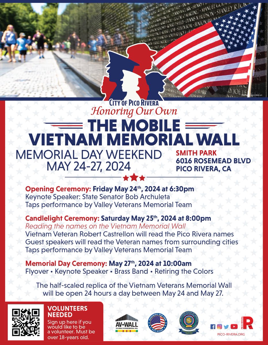 The Mobile Vietnam Memorial Wall will be coming to Pico Rivera during Memorial Day weekend, May 24 - 27 at Smith Park.
See flyer for additional details.
If you wish to volunteer for this event, please scan the QR Code on the flyer.
For more information, call 562.801.4430