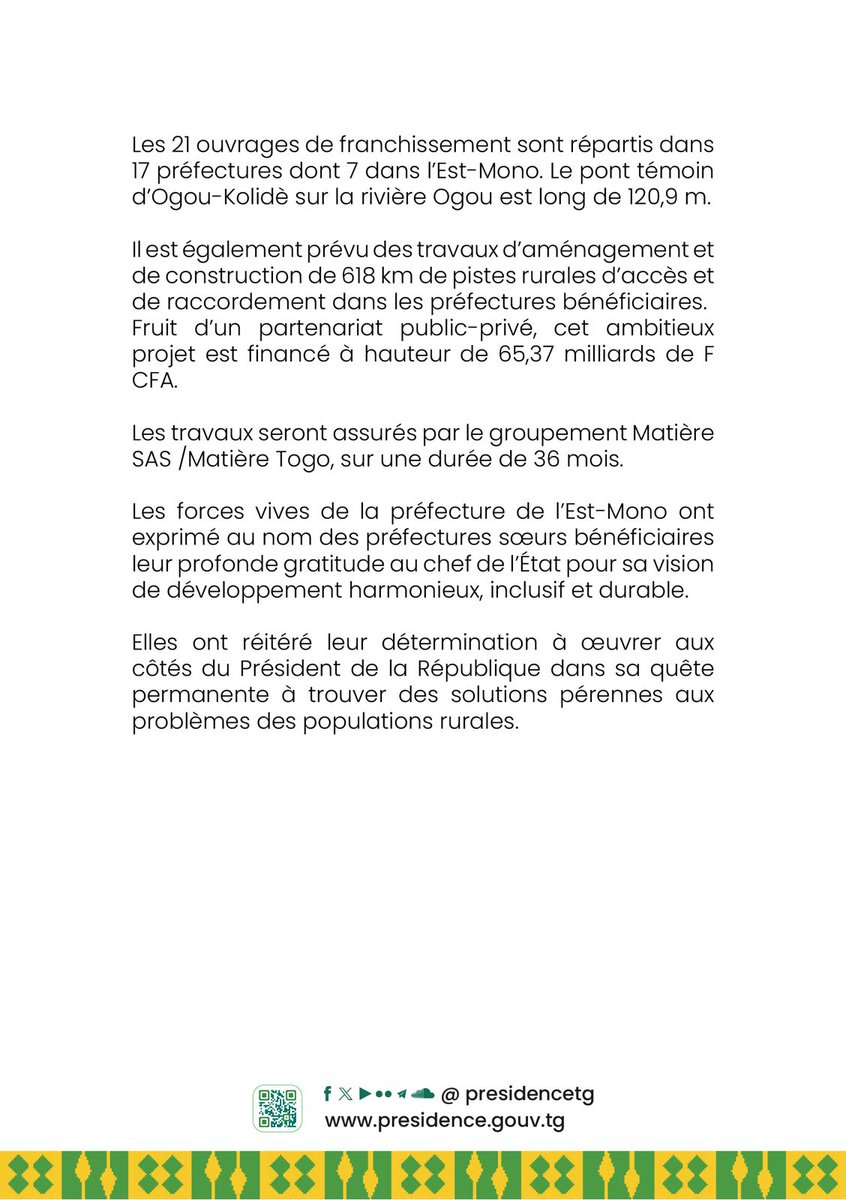 Le Président de la République, Son Excellence @FEGnassingbe, a procédé, ce 20 mars 2024 à Ogou-Kolidè dans l’Est-Mono, au lancement national du Programme de construction de vingt-et-un (21) ponts modulaires mixtes acier-béton de type Unibridge dans les cinq régions du Togo. Les…