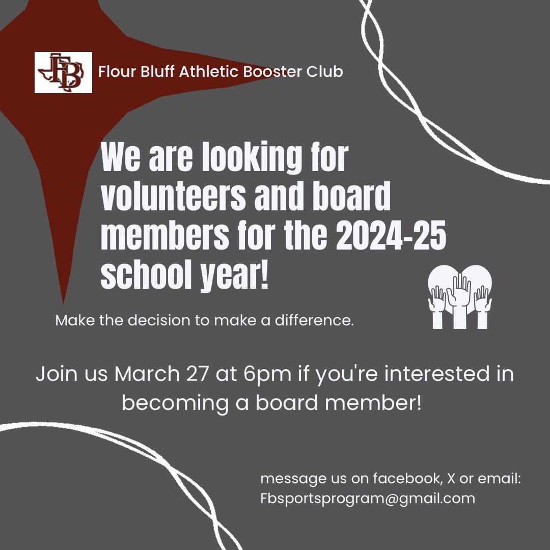 Are you interested in joining the FB athletic booster club? We have multiple board positions opening up for the 2024-25 school year. 
Join us at our next meeting on March 27 at 6pm in the athletic facility. #CPH <a href="/bluff_sports/">Flour Bluff Athletics</a>