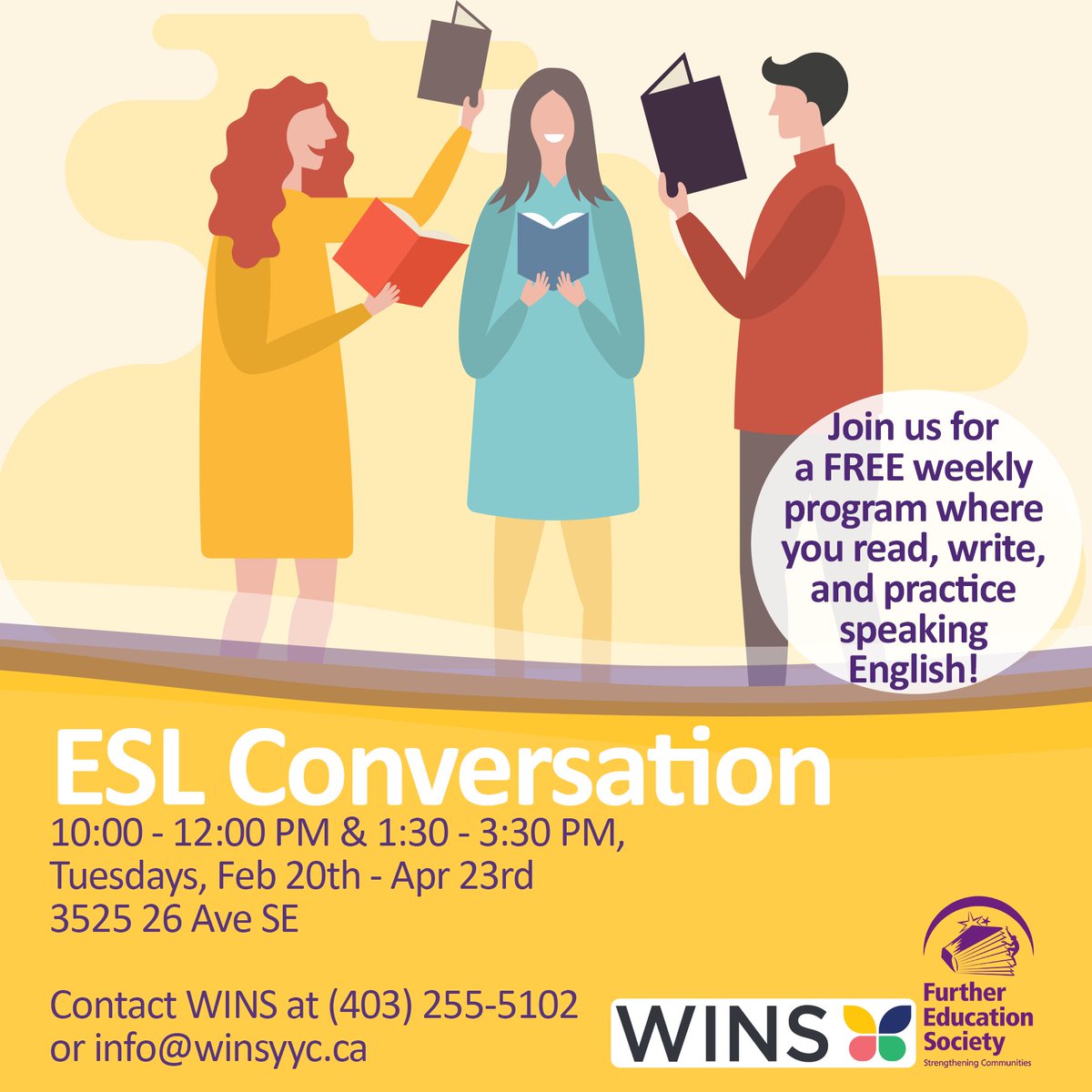 Join us at @WINSyyc's Beltline and Dover Community Resource Centres. The ESL Conversation Program is FREE, welcoming, and open to all looking to work in a group on #reading, #writing, and conversational English skills.

#yyc #calgary #ESL #community #SafeSpace #englishlearning