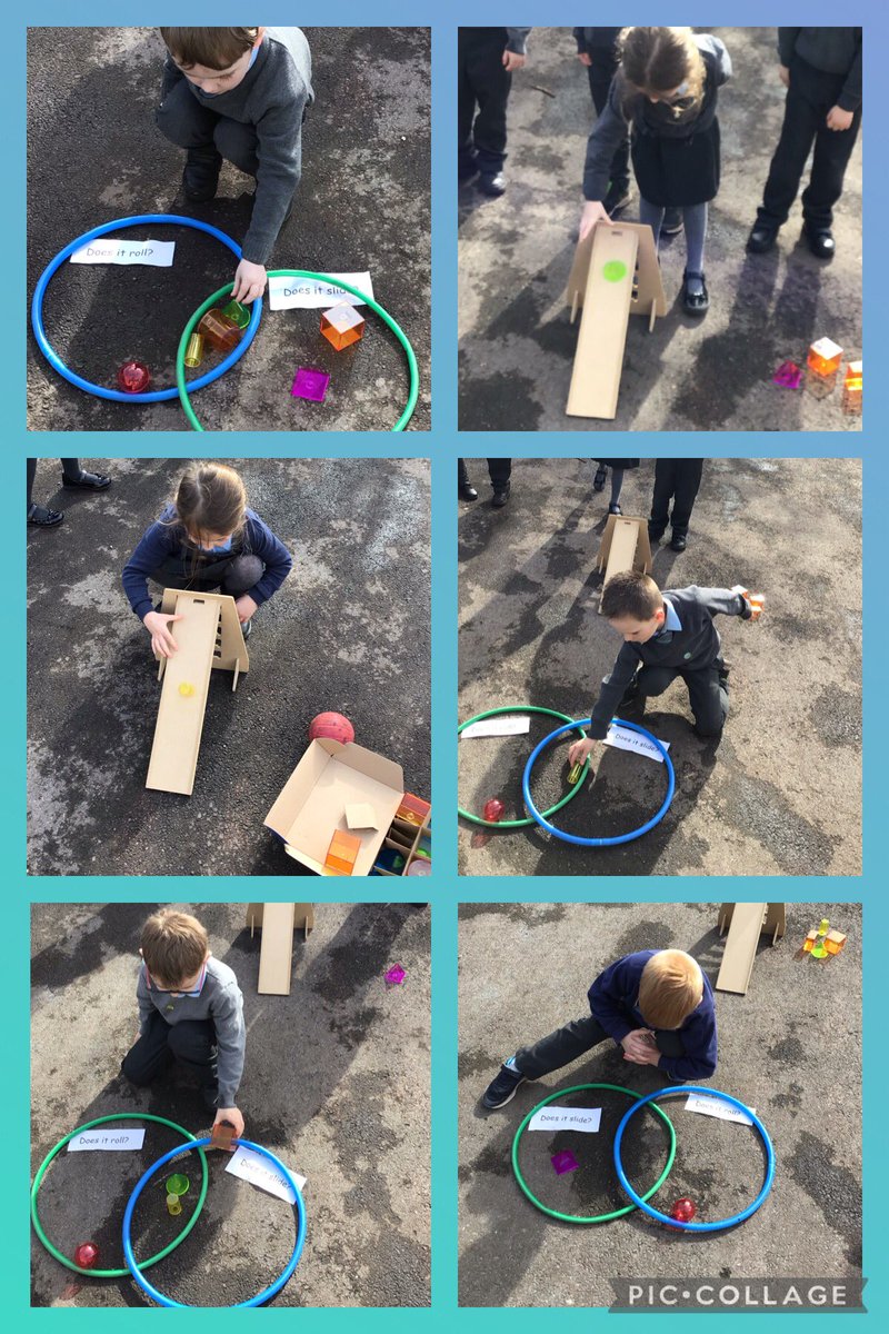 We have been exploring the properties of 3D shapes. We played “Guess the Shape” using the feely bag and then investigated whether the shapes could slide or roll!