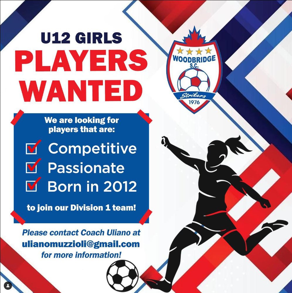 We are looking for competitive and passionate players to join our U12 Girls Division 1 team For more information, please contact Coach Uliano at ulianomuzzioli@gmail.com *Please note that goalies are not required at this time*