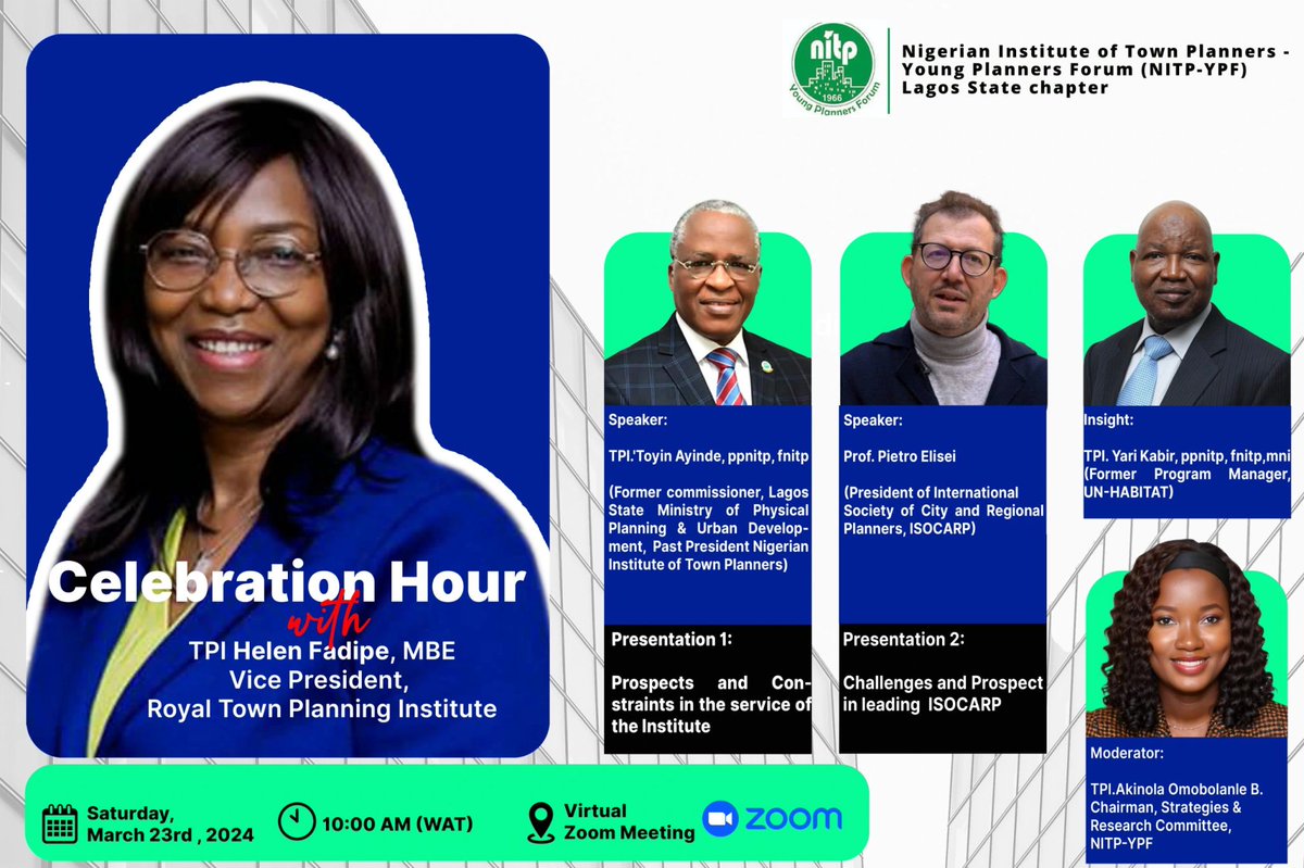 The Young Planners Forum of the Nigerian Institute of Town Planners is celebrating the achievements of RTPI VP @hfadipe. Hear about Helen's journey in planning and her role in the Institute. RTPI members are encouraged to register: us06web.zoom.us/meeting/regist…
