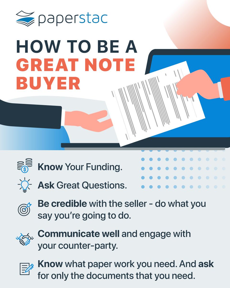 paper_stac's tweet image. How To Be A Great Note Buyer 💵
Here are some indispensable tips to help you become a great note buyer: 
💰 Know Your Funding
💡 Ask Great Questions
🎯 Be Credible with the Seller
🤝 Communicate Well and Engage
📑 Know What Paperwork You Need

#noteinvesting #realestateinvesting