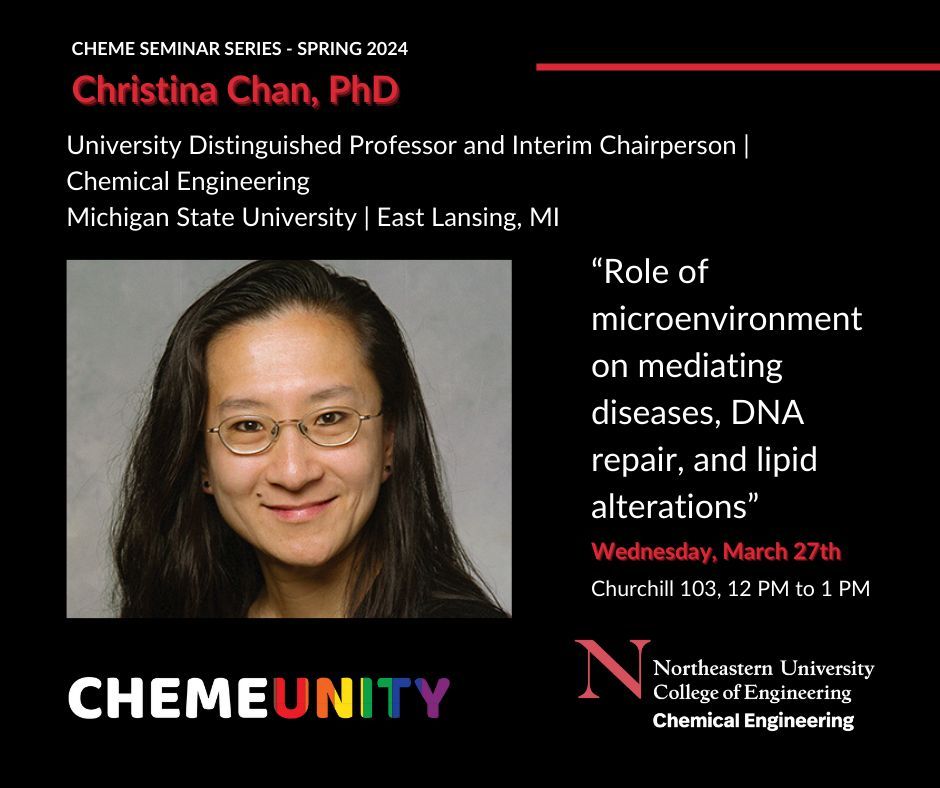 Don't miss our next Spring 2024 ChemE Seminar Series speaker! Christina Chan, PhD, is a University Distinguished Professor and Interim Chairperson of Chemical Engineering at Michigan State University. #nucoe #seminarseries #chemicalengineering