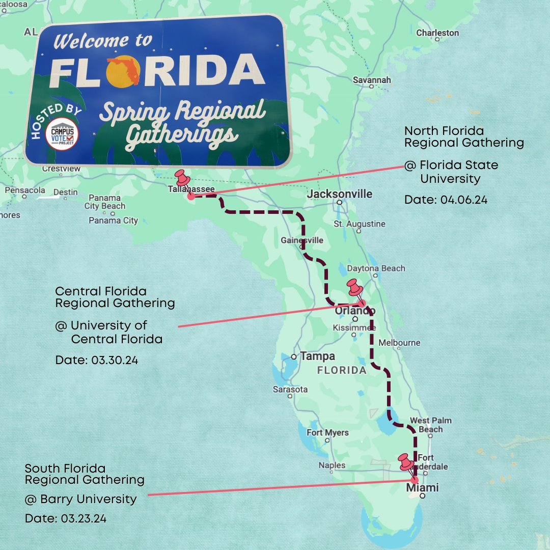 Please join us for the Spring 2024 Florida Regional Gatherings! CVP is coming to Miami Shores (3/23), Orlando (3/30), and Tallahassee (4/6) to help form meaningful connections with college student leaders in the state. Don't wait, register today! campusvoteproject.org/events