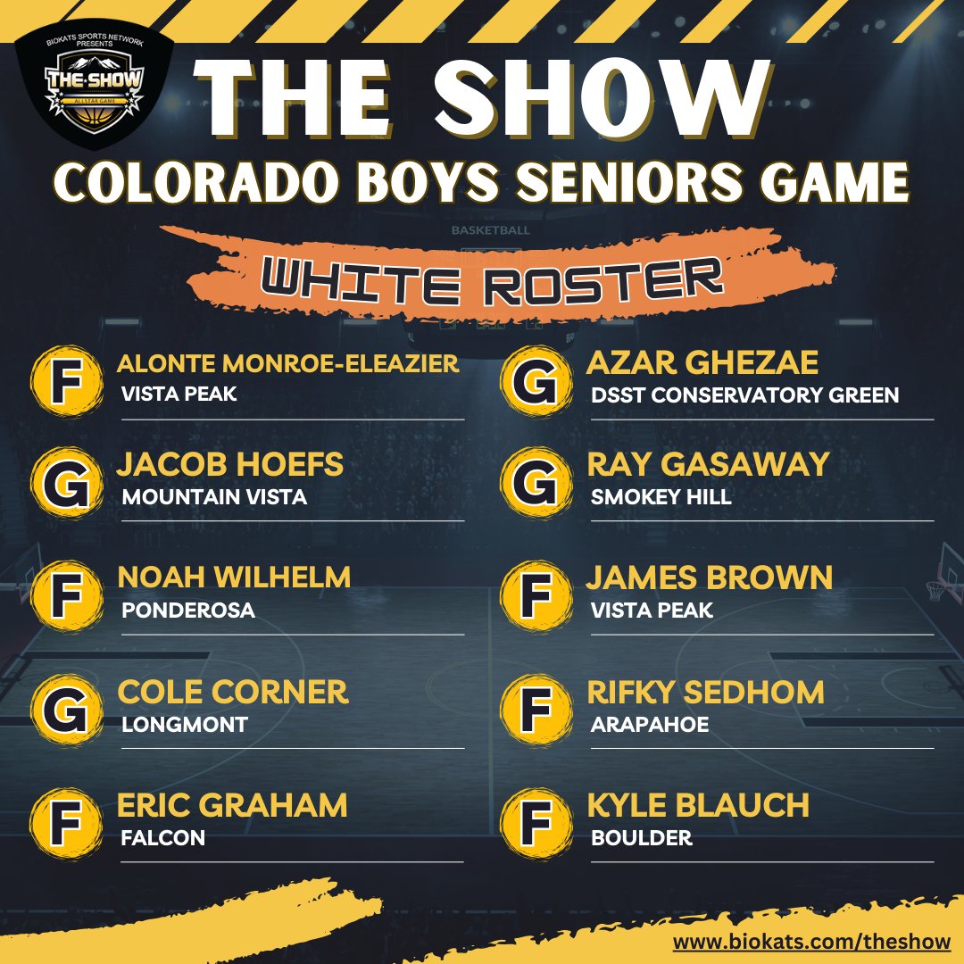 The Show: Colorado (@theshowcolorado) on Twitter photo <a href="/TheShowColorado/">The Show: Colorado</a> - Top Senior Boys White Team
Game is March 23rd at 3:45pm at Metro State University
@vistapeakbball <a href="/HoefsJacob/">Jacob Hoefs</a> @noahwilhelm10 <a href="/LT_TrojanBball/">Longmont Basketball</a> <a href="/eric_graham719/">Eric Graham</a> <a href="/Azar_Ghezae/">Azar Ghezae</a> <a href="/SmokyHillHoops/">Smoky Hill Hoops</a> <a href="/RifkySedhom2024/">RifkySedhom2024</a> <a href="/KyleBlauch/">Kyle Blauch</a> <a href="/TheShowColorado/">The Show: Colorado</a> - Top Senior Boys White Team
Game is March 23rd at 3:45pm at Metro State University
@vistapeakbball <a href="/HoefsJacob/">Jacob Hoefs</a> @noahwilhelm10 <a href="/LT_TrojanBball/">Longmont Basketball</a> <a href="/eric_graham719/">Eric Graham</a> <a href="/Azar_Ghezae/">Azar Ghezae</a> <a href="/SmokyHillHoops/">Smoky Hill Hoops</a> <a href="/RifkySedhom2024/">RifkySedhom2024</a> <a href="/KyleBlauch/">Kyle Blauch</a>