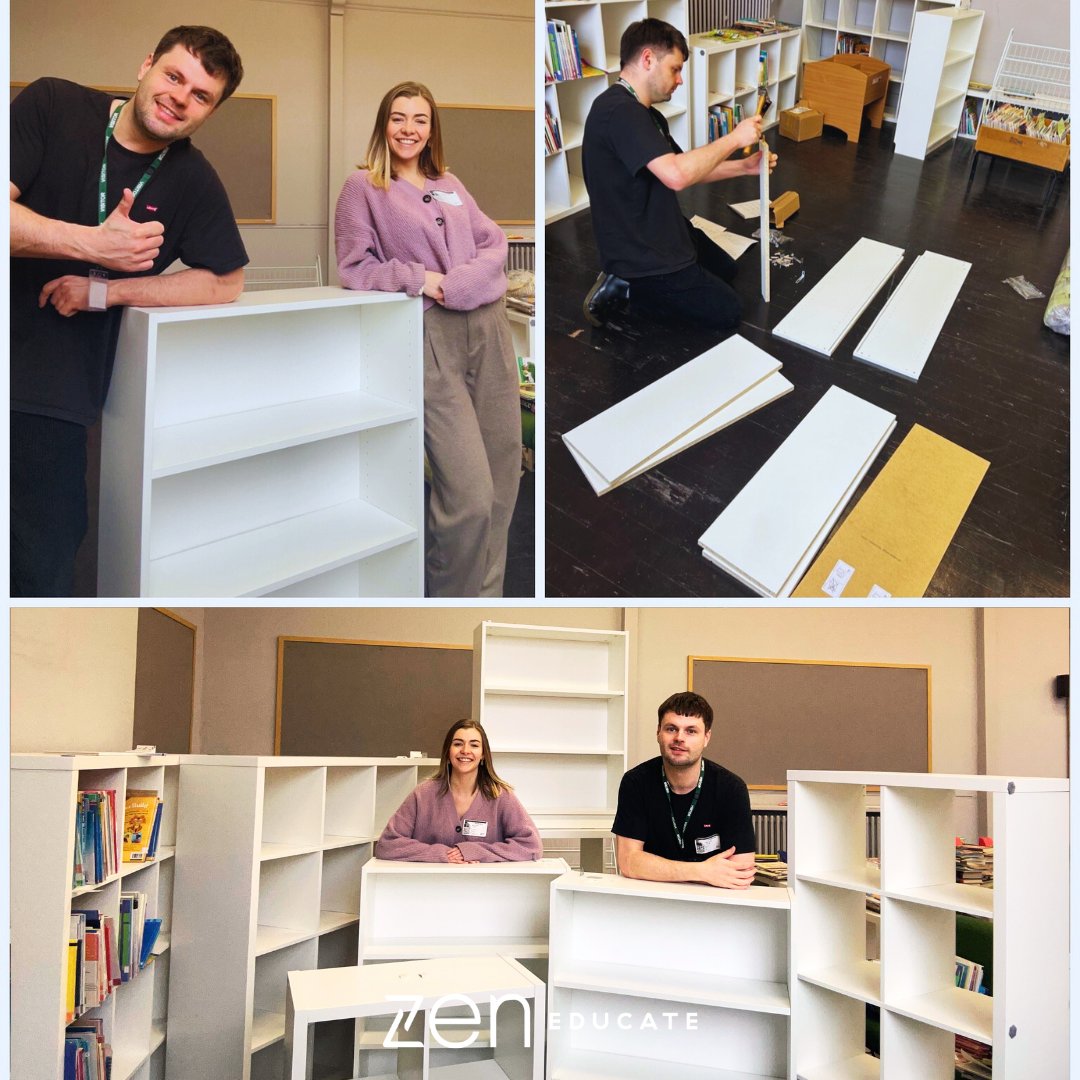 Last year, when Zen visited @QMPrimary, we noticed the #school hadn’t found time to build their library despite investing in equipment! Keen to help, Bill & Rachel from our team visited recently to do just that!🛠️ We're excited to see the children use this space!📚 #WeCareMore