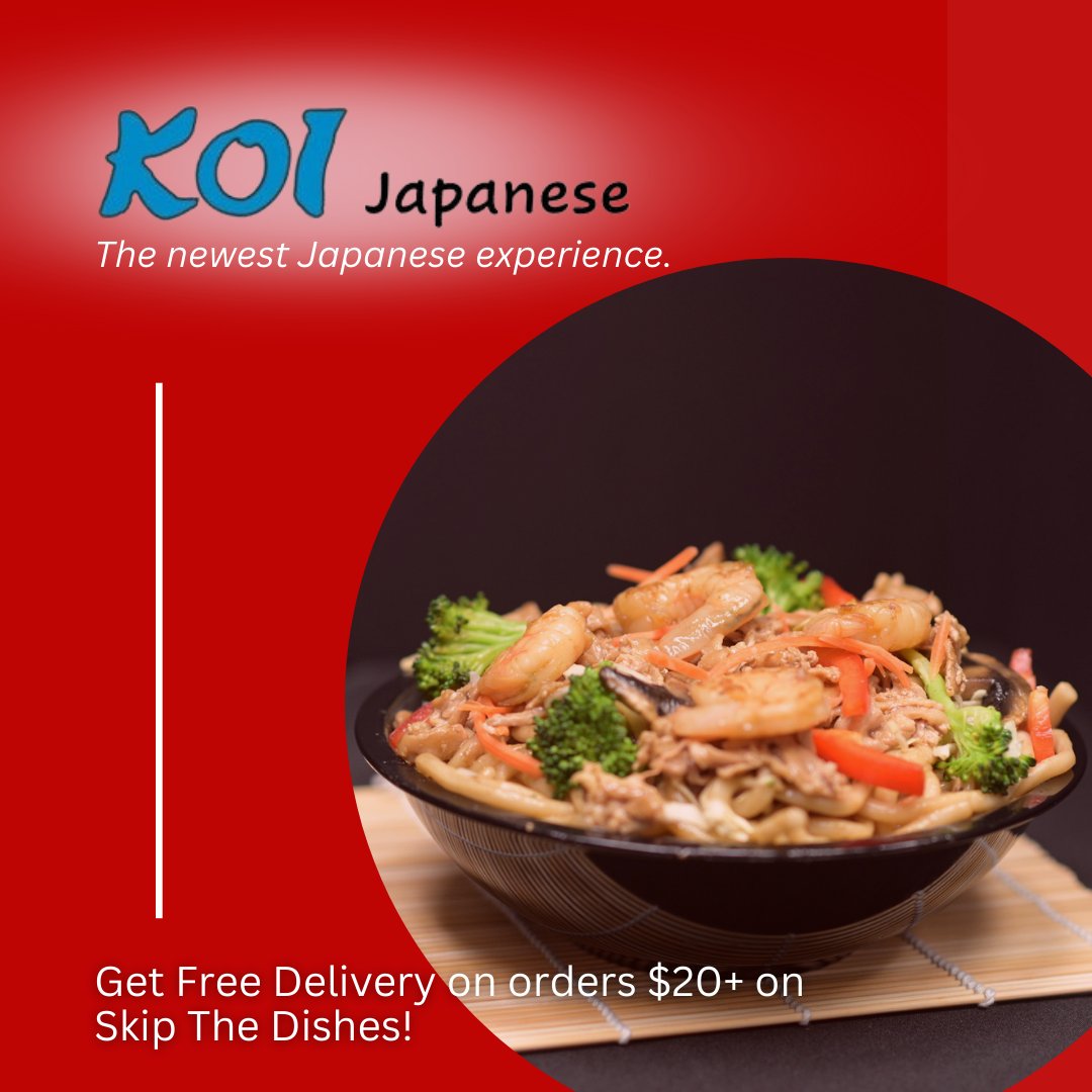 Order in and enjoy a meal in the comfort of your own home! Spend over $20 on SkipTheDishes and get free delivery 🤩🥡

#KoiJapanese #Saskatoon #ShopLocal #SkipTheDishes #JapaneseFood #Teppanyaki #SaskatoonRestaurants #FamilyOwned #YXEEats #YXELocal #HealthyMeals #GlutenFree