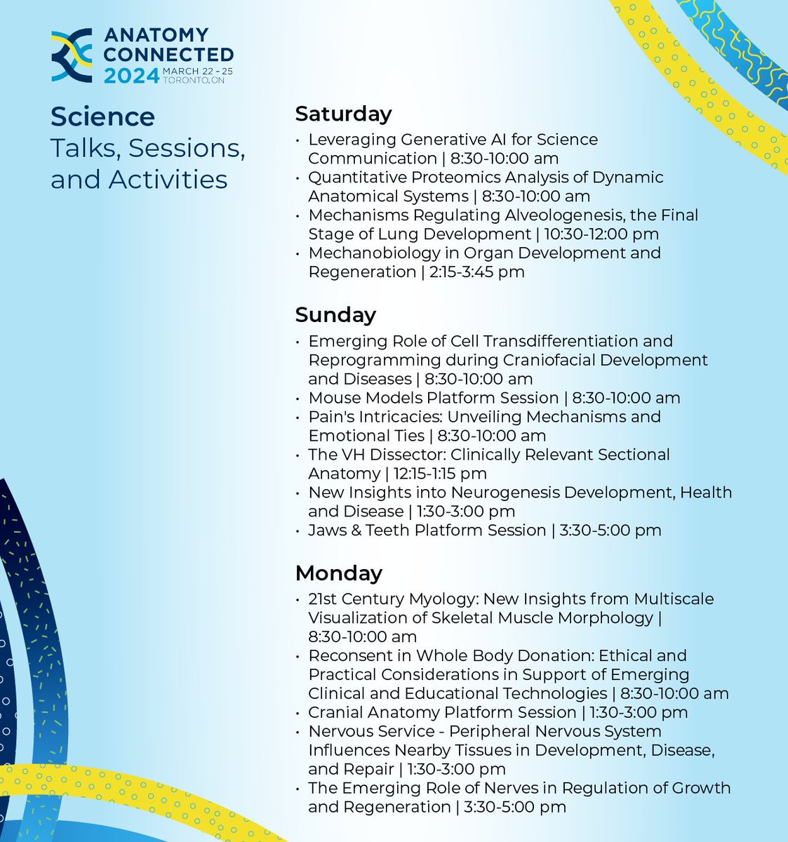 Check out this curated list of Anatomy Connected 2024 science workshops and talks!
Visit our program website for more details: ow.ly/7yVK50QW3mr

#Anatomy24 #AnatomyConnected24 #AnatomyConnected #anatomy #science #research #education #AAA