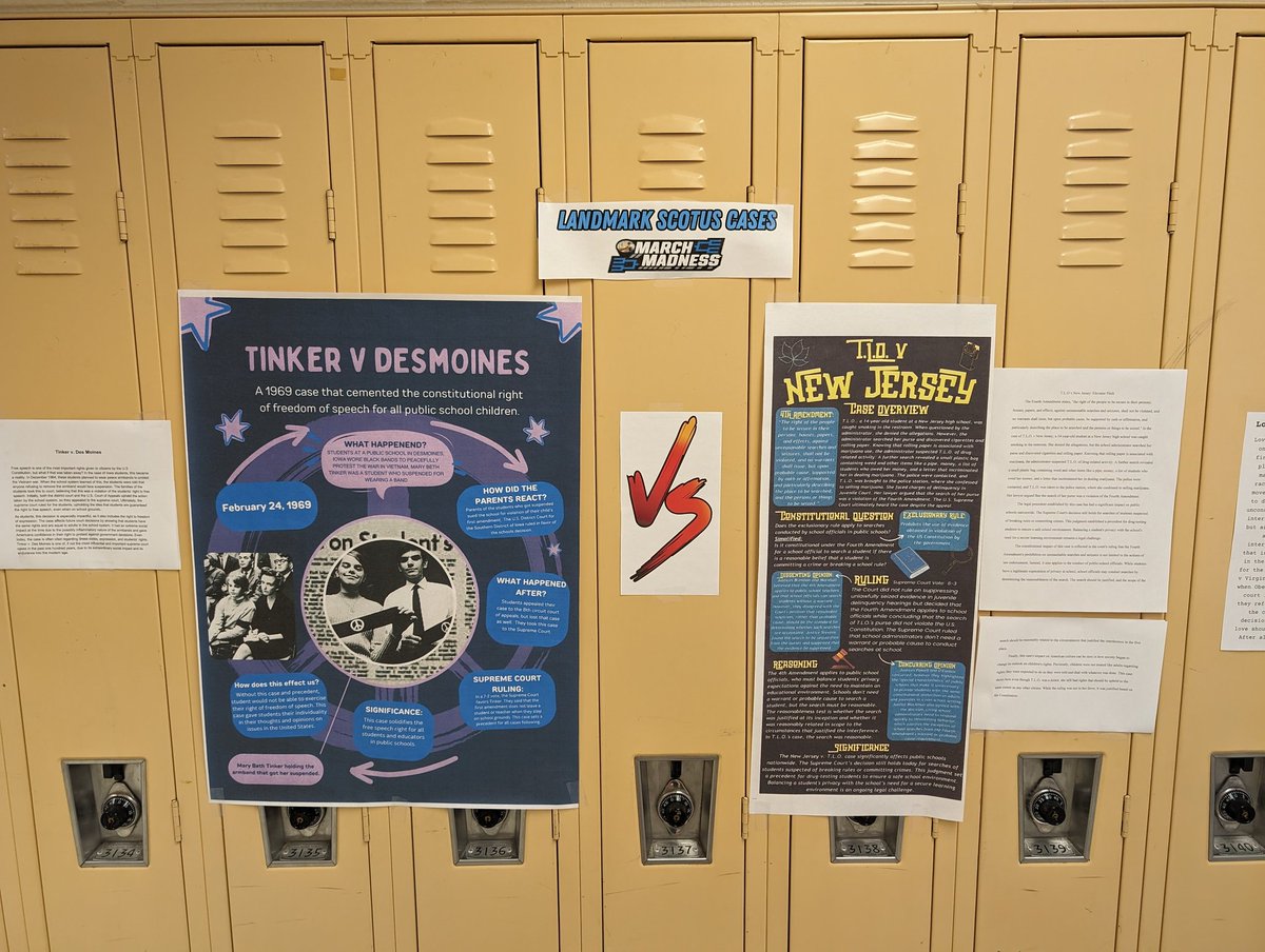 Kicking off our SCOTUS March Madness tournament of landmark cases! Sweet 16 voting starts tomorrow! Students made the posters and elevator pitches to argue for their case to win it all! #EngageYCSD @TabbHSTigers @YCSD