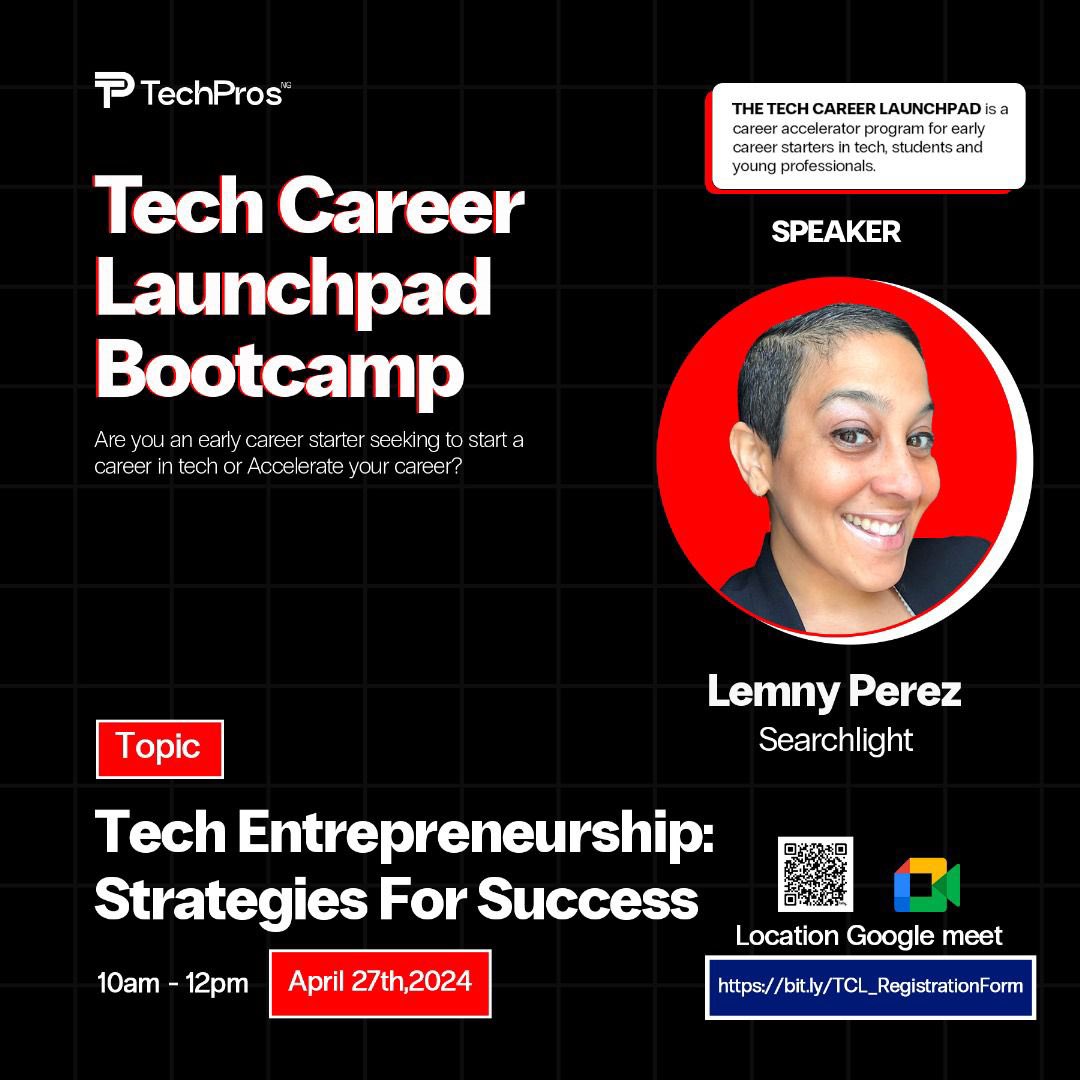 TechProsNaija's tweet photo. ๐ Exciting news! ๐ We're thrilled to announce another fantastic speaker for the Tech Career Launchpad: Dr. Lemny Perez from Searchlight. Join us as we delve into the intersection of technology, art, and psychology with Dr. Lemny! #TechCareerLaunchpad #SpeakerReveal #NFTExpert https://t.co/7Q7oSF61vj