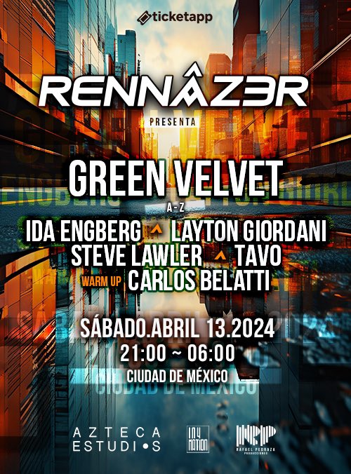 La noche se pone 🟩 Verde porque la leyenda del Techno vuelve a la CDMX encabezando #Rennazer un evento lleno de buenos beats a cargo de: Green Velvet 🟢 Ida Enberg Layton Giordani Steve Lawler Tavo Carlos Belatti Busca ya tus 🎟️🎟️ aquí: rennazerjenifersalinas.ticketapp.live