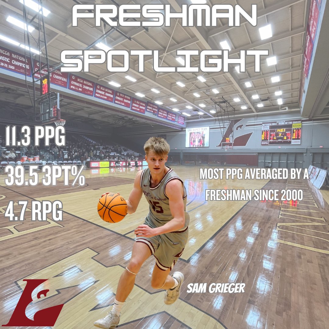 Freshman Spotlight!! Sam Grieger was able to prove that he was a key contributor to our program in his first season‼️ UWL Basketball will continue to develop our players on and off the court 🦅📈