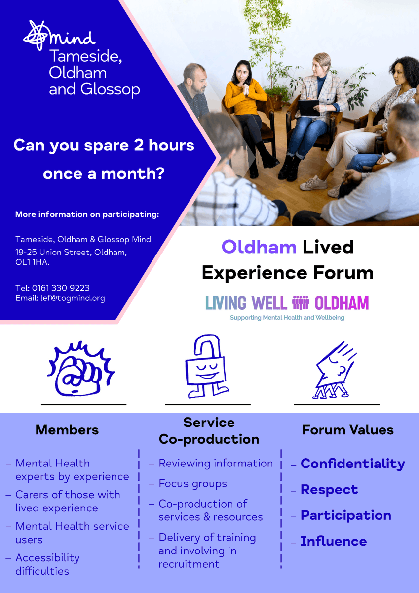 Can you spare @TOGMind 2 hours a month? Why not get involved in the Oldham Lived Experience Forum? To find out more, ring 0161 330 9223 or email lef@togmind.org.uk