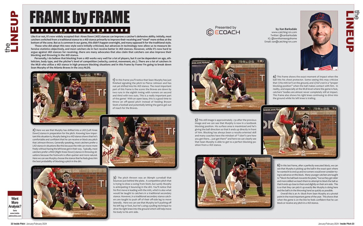 FRAME-BY-FRAME: Sean Murphy @xanbarksdale takes a look at the Braves' backstop utilizing a one-knee down (1KD) stance in a high pressure playoff situation. FULL BREAKDOWN 📰 abca.org/magazine/2024-…