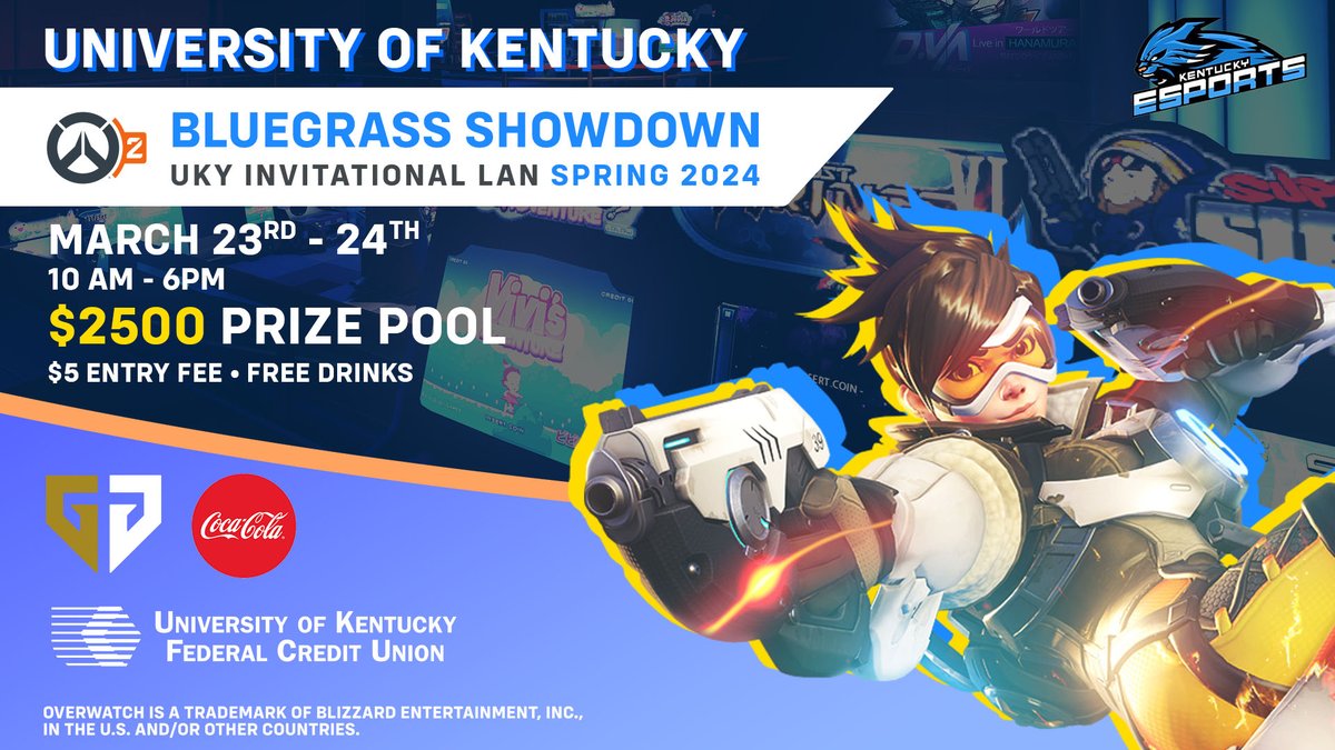 This weekend is our next iteration of our Bluegrass Showdown! Come down to the Cornerstone or tune in on Twitch to watch 16 of the top Collegiate Overwatch teams in the nation compete for $2500!

Special thanks to our sponsors <a href="/GenG/">Gen.G Esports</a> , <a href="/CocaCola/">Coca-Cola</a> , and <a href="/UKFCU/">UK Credit Union</a>