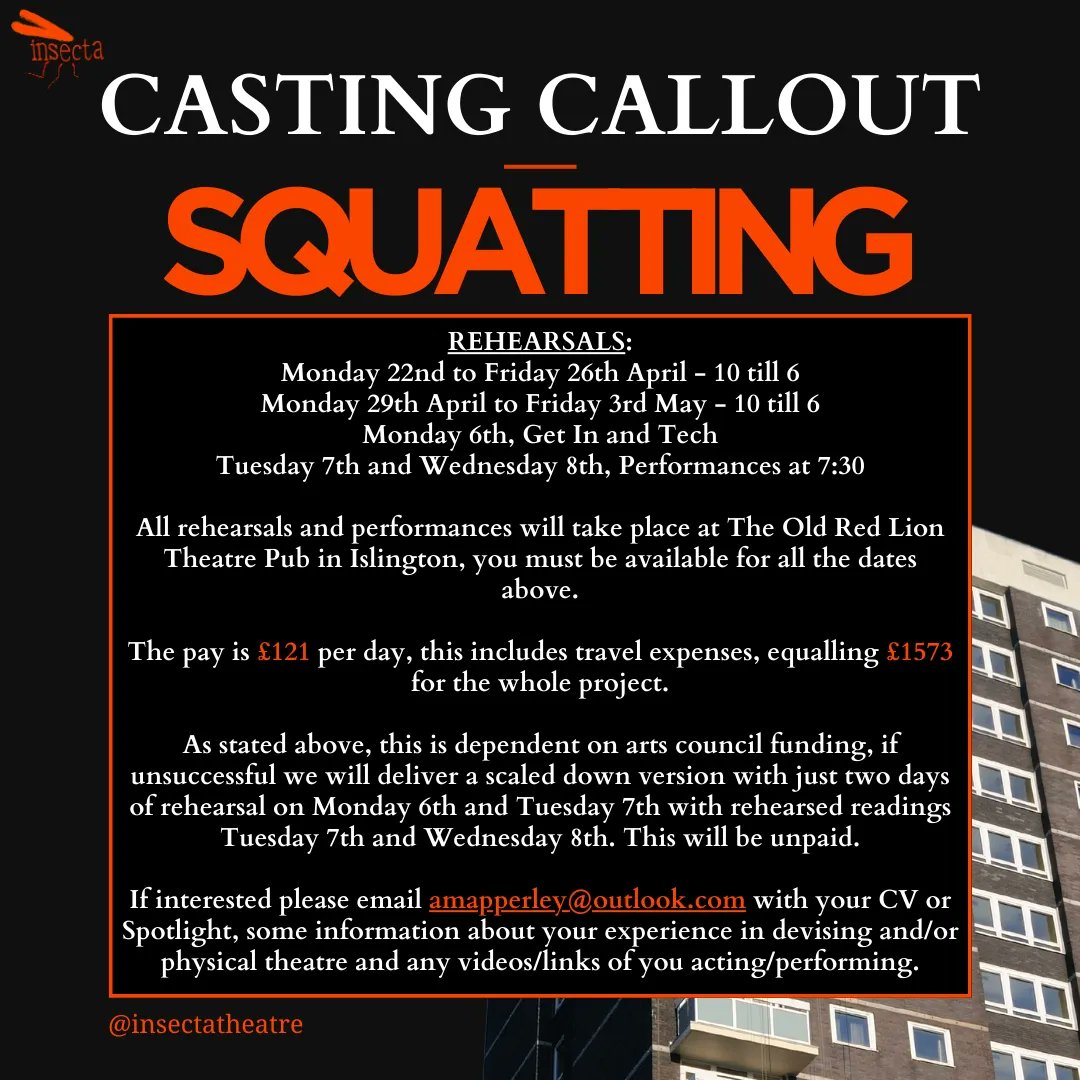 insecta_theatre's tweet photo. CASTING CALL OUT!
Seeking 2 male identifying  actors between 20-35 for an R&amp;D between 22nd April and 8th May.
Please email amapperley@outlook.com with your CV/spotlight, a video of you performing and some information about your experience with devising/physical theatre. https://t.co/pupMOOheyq