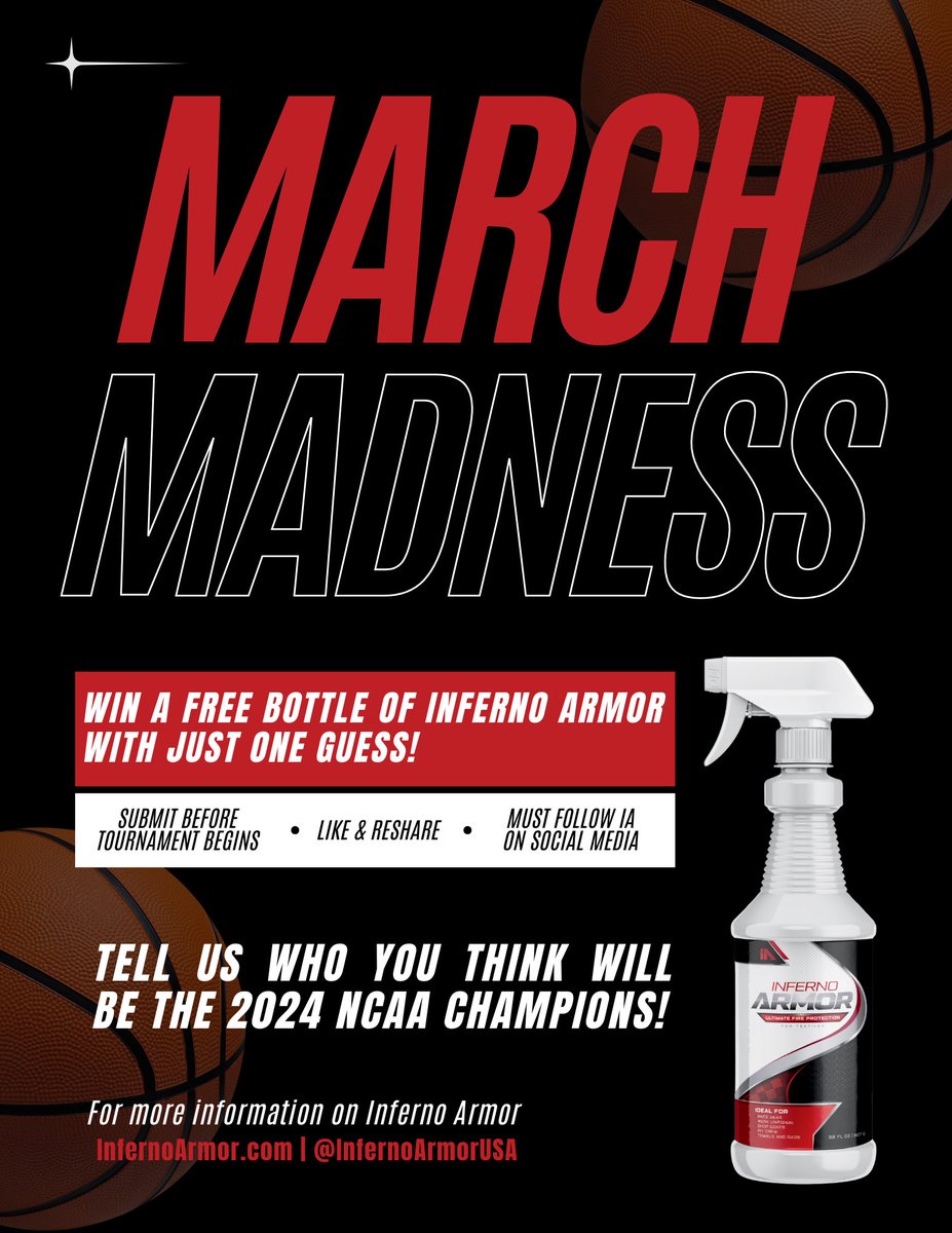 Would you like to win a FREE [throw] bottle of Inferno Armor?! 

🏀 Like &amp; Reshare this post.
🏀 Follow us on social media.
🏀 Reply with your pick for the overall 2024 <a href="/MarchMadnessMBB/">NCAA March Madness</a> Champion!
