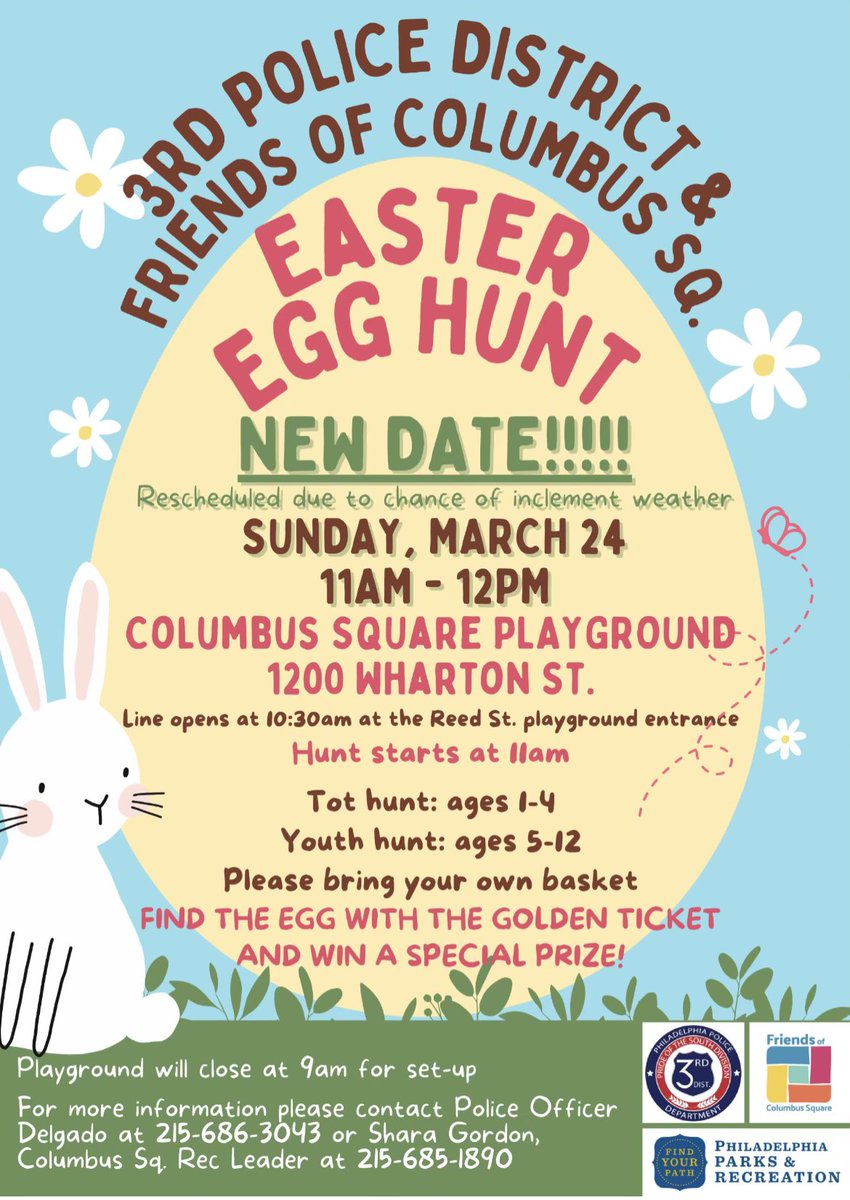 Due to inclement weather, the Easter Egg Hunt will now take place Sunday March 24th