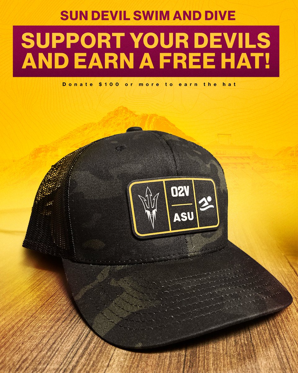 In part of Back Your Devils week, anyone who donates $100 or more will receive a free Sun Devil Swim and Dive hat as a gift for your donation! 🔱

Donate below ⬇️
Men's Swim and Dive: bit.ly/3IIsr1h 
Women's Swim and Dive: bit.ly/3IKvgPr