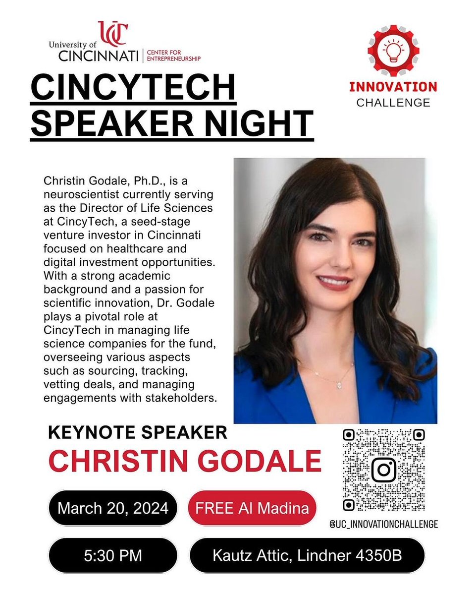 It's @uofcincy's Innovation Week! 💡 CincyTech Director Christin Godale, PhD will be tonight's keynote speaker, sharing her strong academic background, passion for innovation, & how CincyTech focuses investments in healthcare and digital investment opportunities. Stop by!