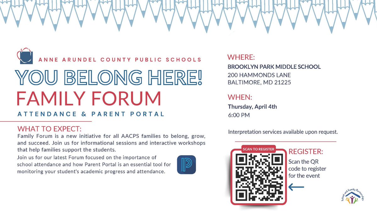 Join us: You Belong Here! Family Forum event on Attendance & Parent Portal on Thurs, April 4 @ 6pm Brooklyn Park Middle. Learn how Parent Portal is an essential tool for monitoring your student's attendance & academic progress. Register today: forms.gle/x8JW7e2MbXekAh…