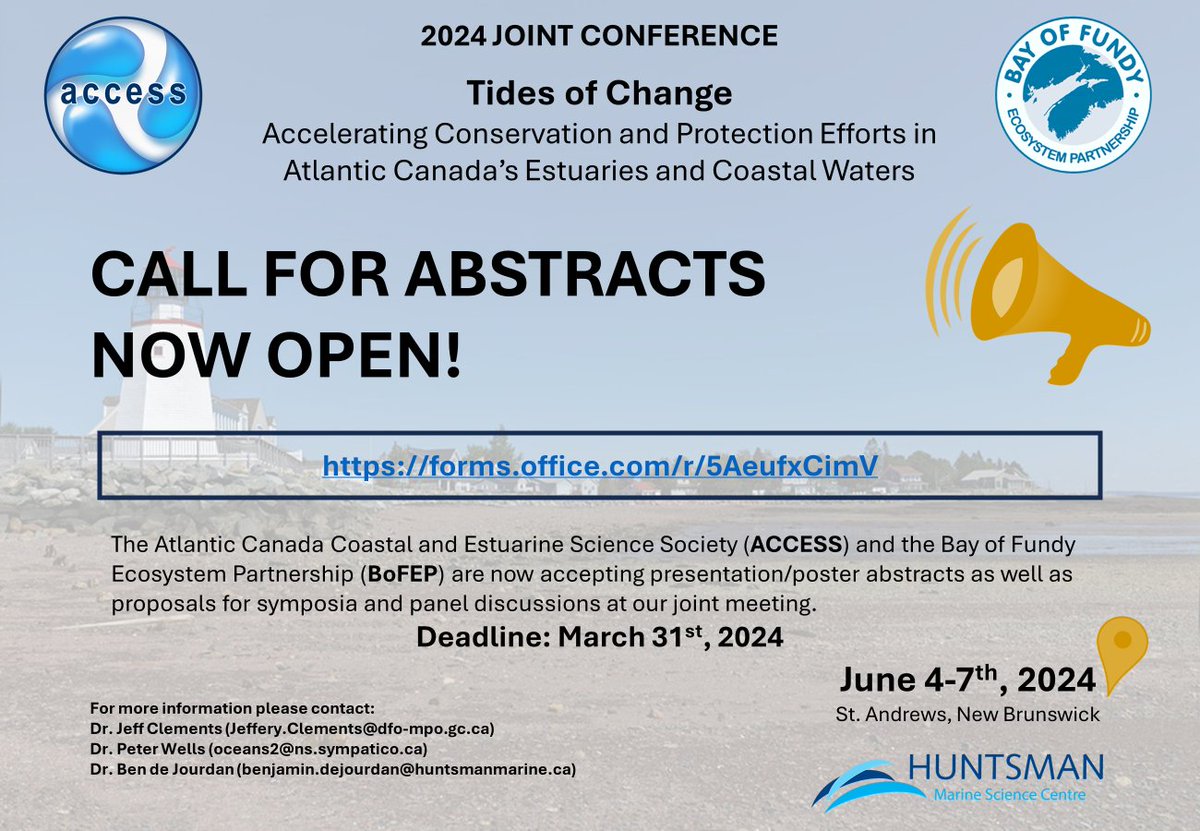 Abstract submission for the ACCESS-@BayofFundyEP 2024 conference is closing in 10 days! tinyurl.com/2dbwt3e8 Submit those 250 words soon! 📃 #AtlanticCanada 🌊