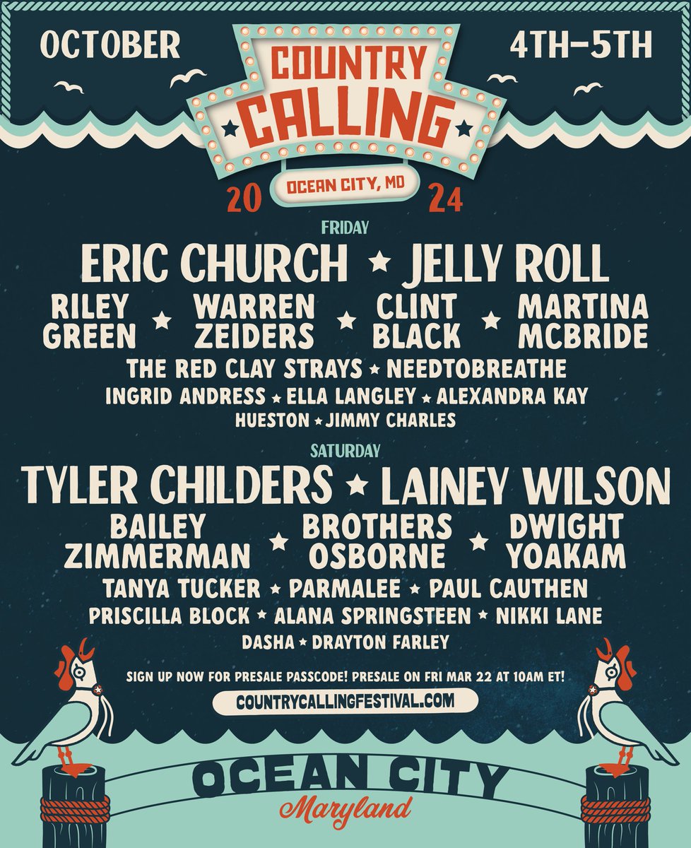 🚨Here it is! So Excited to be a part of this incredible Line-Up! We’re heading to the first-ever Country Calling Festival this fall 🌊 Presale begins Friday, 3/22 at 10am ET #Countrymusic #oceancity #maryland #music #livemusic #ocmd #countrycalling #ericchurch #jellyroll