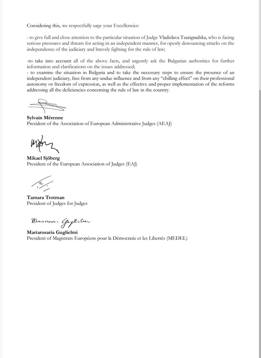 @MedelEurope @EAJ_AEM_ERV @AEAJ2000 @Judges4J sent a letter to @CoECommissioner for Human Rights @Dunja_Mijatovic and EU Commissioner for Justice @dreynders regarding the situation of the judiciary in Bulgaria and the alarming developments concerning Judge Vladislava Tzarigradska