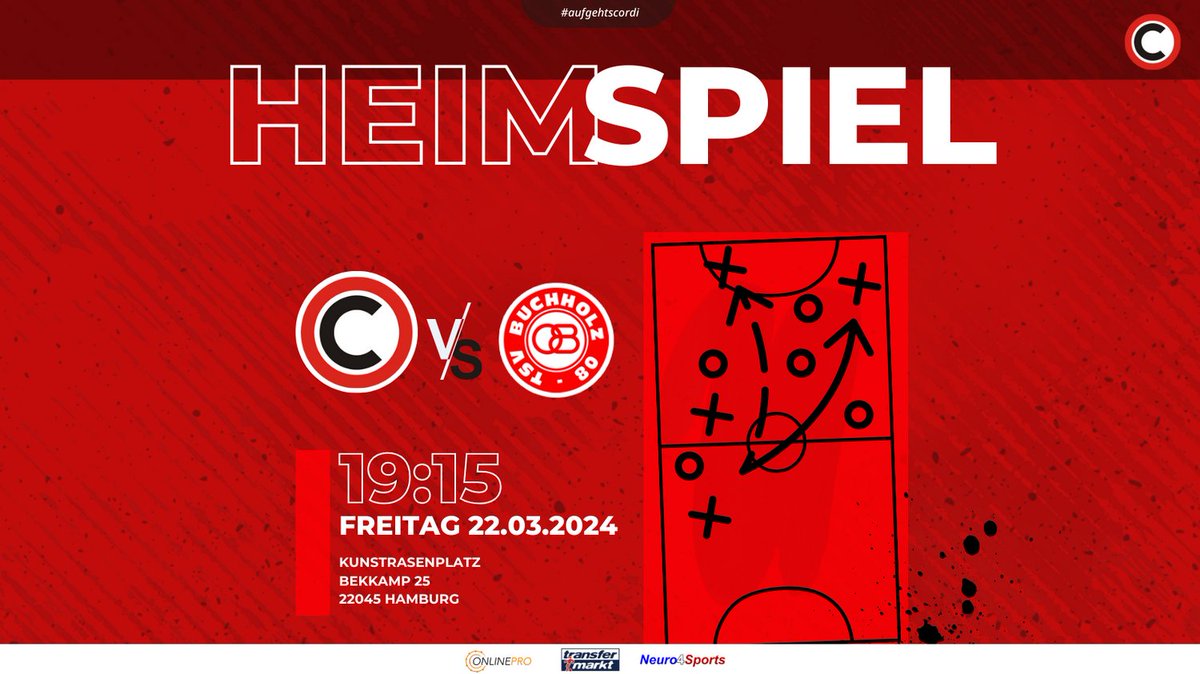 🚨 Spielankündigung 🚨

📆 Datum: 22. März 2024
🕒 Uhrzeit: 19:15 Uhr
🏟️ Ort: Bekkamp 25, Hamburg

Cordi vs. Buchholz - ein Spiel voller Spannung und Geschichte! 🔥 Wer wird diesmal die Oberhand gewinnen? 🤔

#CordiVsBuchholz #Matchday #aufgehtscordi