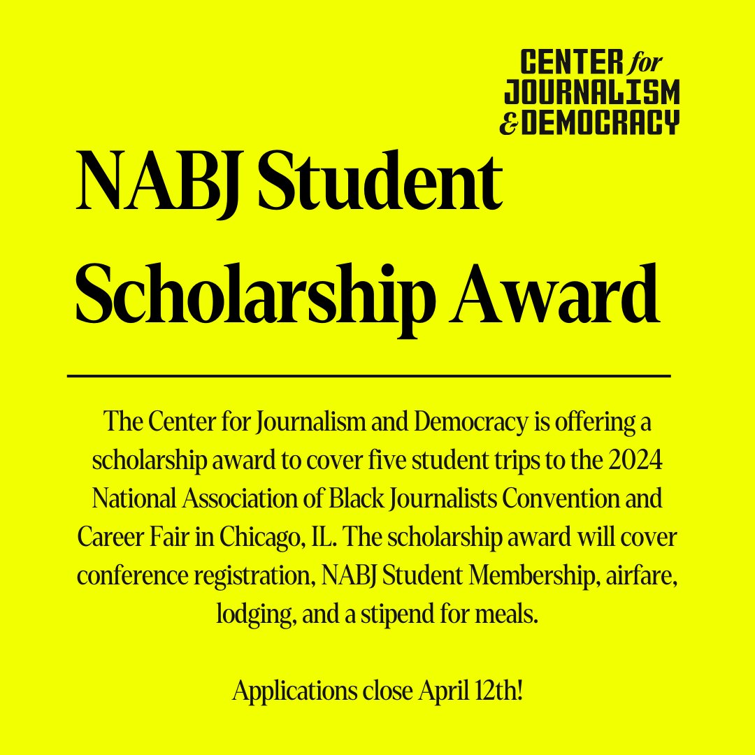 Attention Students! Are you interested in attending the NABJ Convention and Career Fair in Chicago this summer? Be sure to apply for the CJD Conference Scholarship Award for a chance at a free trip! Applications are live and close on April 12th.bit.ly/CJD-NABJ #C4JD #NABJ