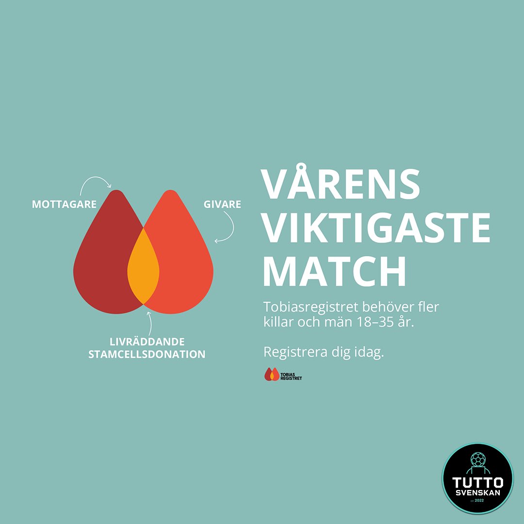 90MinSvenskan's tweet photo. Gå med i vårens viktigaste match på Tobiasregistret tillsammans med oss på Tuttosvenskan. Varje dag drabbas någon i Sverige av en livshotande blodsjukdom, där det enda hoppet är att hitta en passande stamcellsgivare. Men 30 procent hittar ingen match. Vi måste bli fler, speciellt fler killar och män mellan 18-35 år. Ni behövs för att göra 30 procent till 0. Så gå med i vårens viktigaste match på Tobiasregistret. Kanske blir det du som får möjligheten att rädda någons liv. Registrera dig på https://t.co/3ElI5sMV4Z