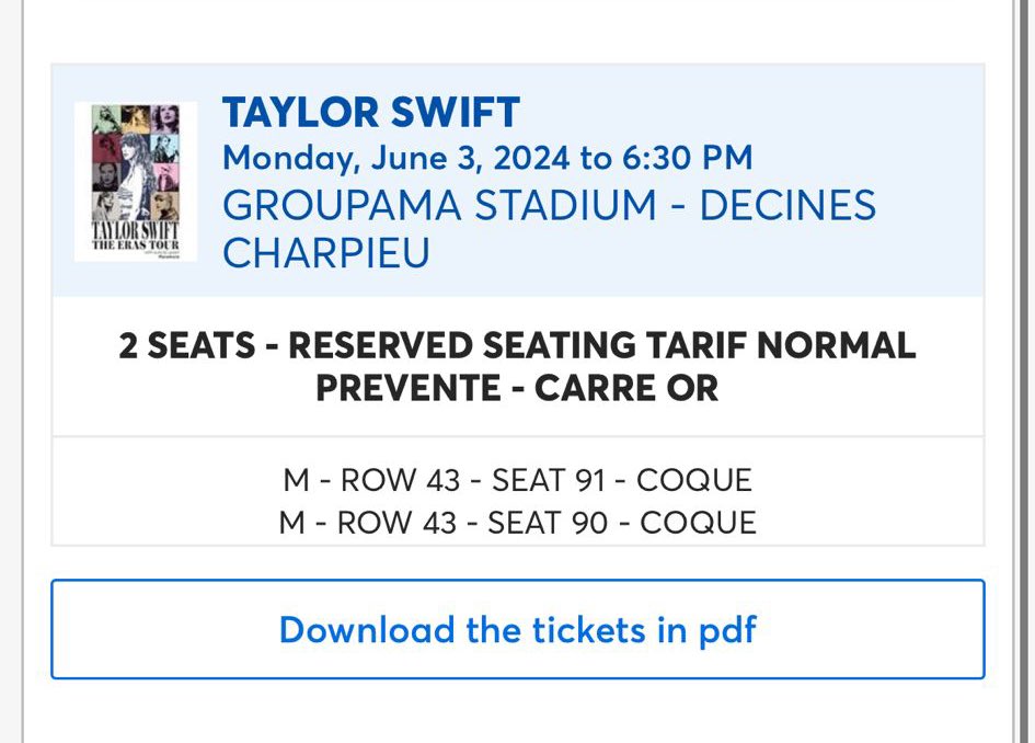 Heyy i’m selling 2 tickets for The Eras Tour in Lyon, June 3. 🎟️🎟️

For more information contact me by DM !!! ☺️

#TheErasTour #TaylorSwiftErasTour #ErasTourtickets #TheErasTourFrance #TheErasTourLyon #taylorswifttickets #TaylorSwift