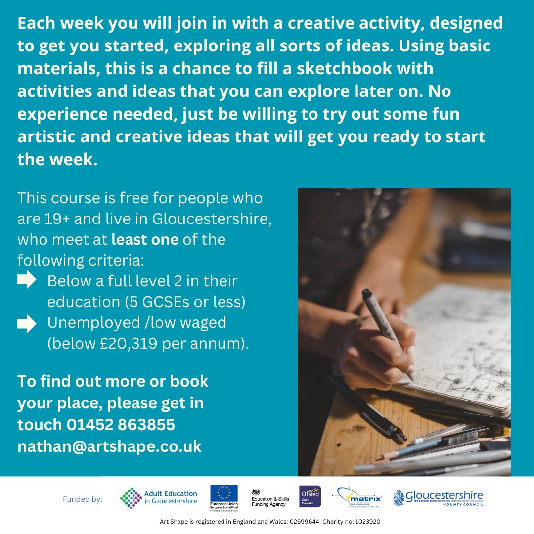 Each week you will join in with creative activity, designed to get you started exploring all sorts of ideas. Learn online via Zoom Mondays 10am to 11am #ArtShape #ArtShapeCourses #LearnOnline #Local #Glos #Gloucestershire #Sketchbooks #Drawing