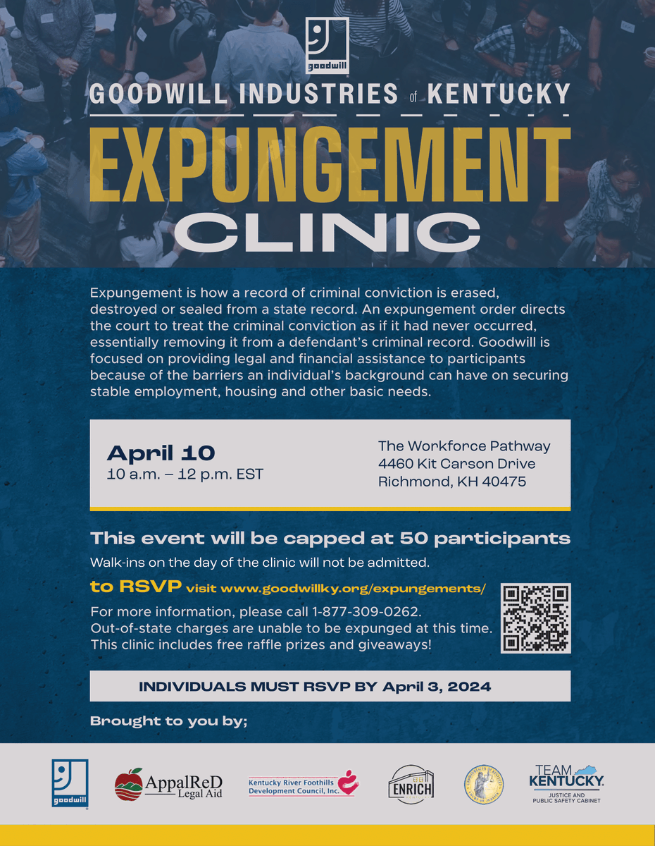 RRCKentucky's tweet photo. Madison County residents who need expungements can scan the QR code below to register by April 3rd, for the expungement clinic on April 10th hosted by @GoodwillKY, @AppalReDLegal, @KRFDCInc, @kentuckycourts, and @JusticeKentucky. Only 50 spots are available so register today: https://t.co/pPDdFalIPg