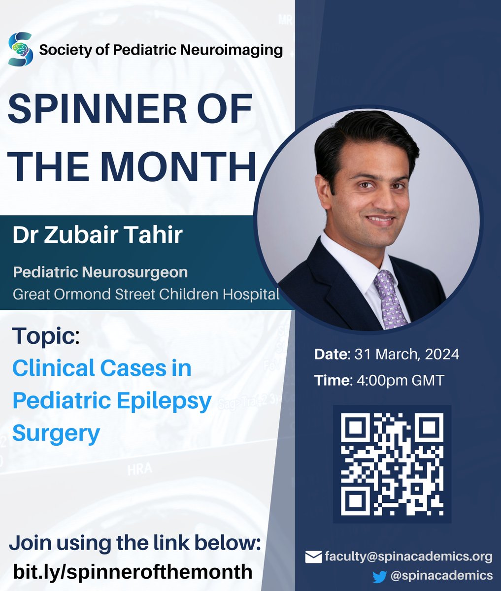 🎉 Excited to announce our Spinner of the Month for March: Dr Zubair Tahir! 📷 Join us for his talk on 'Clinical Cases in Pediatric Epilepsy Surgery' 📷#PediatricNeurosurgery #Neuroradiology
