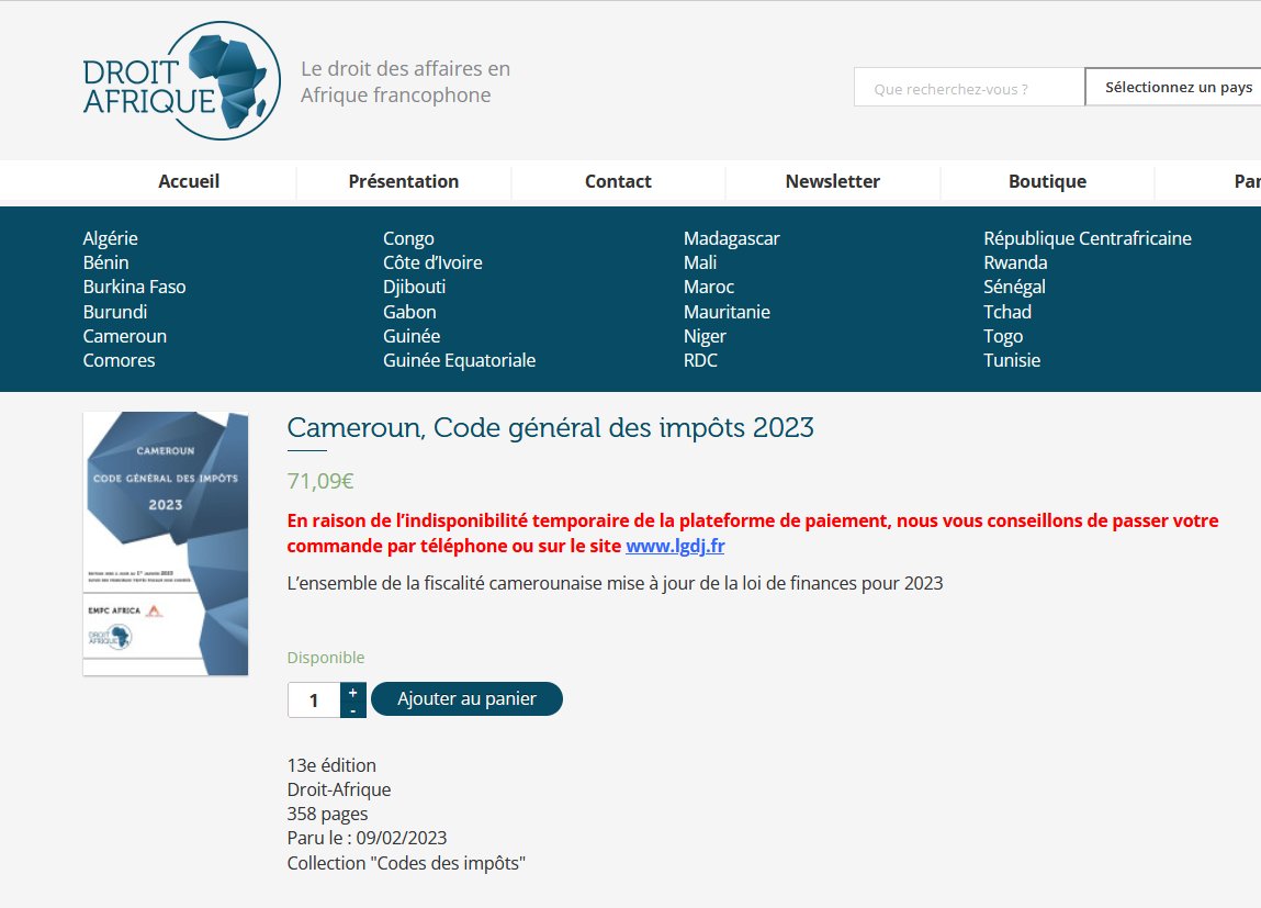 jtchoufang's tweet image. Hum Rémi!
Le #CGI2023 par exemple, est à la fois disponible en téléchargement PDF gratuit sur le site de l&apos;#ISFP (page du #PSSFP), en ligne sur le site de la #DGI qui dépend #MINFI, et en vente sur le site de #DroitAfrique (71,09€).