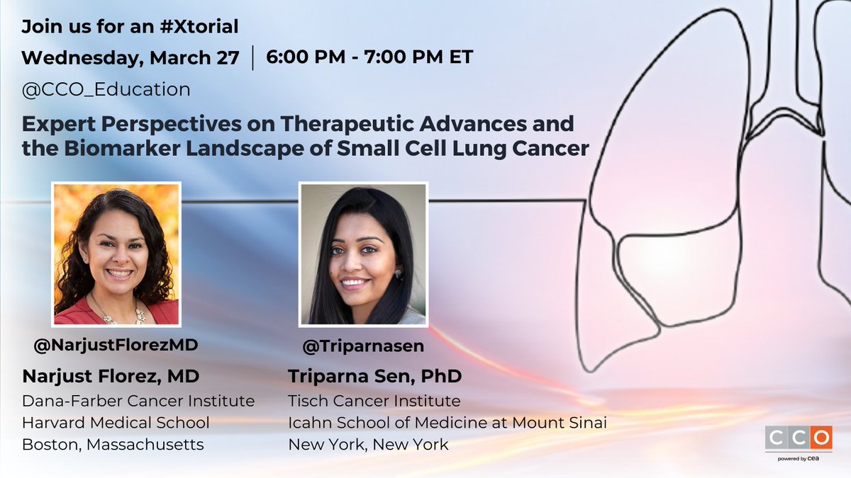 Clinical Care Options (@cco_education) on Twitter photo ⚡ Tune into a live #Xtorial on Wednesday, March 27 from 6:00 PM – 7:00 PM ET, happening right here!
Join <a href="/NarjustFlorezMD/">Narjust Florez, MD, FASCO</a> and @Triparnasen as they discuss the evolving treatment landscape for advanced small-cell lung cancer.
#Lungcancer #SCLC #MedEd #LCSM ⚡ Tune into a live #Xtorial on Wednesday, March 27 from 6:00 PM – 7:00 PM ET, happening right here!
Join <a href="/NarjustFlorezMD/">Narjust Florez, MD, FASCO</a> and @Triparnasen as they discuss the evolving treatment landscape for advanced small-cell lung cancer.
#Lungcancer #SCLC #MedEd #LCSM