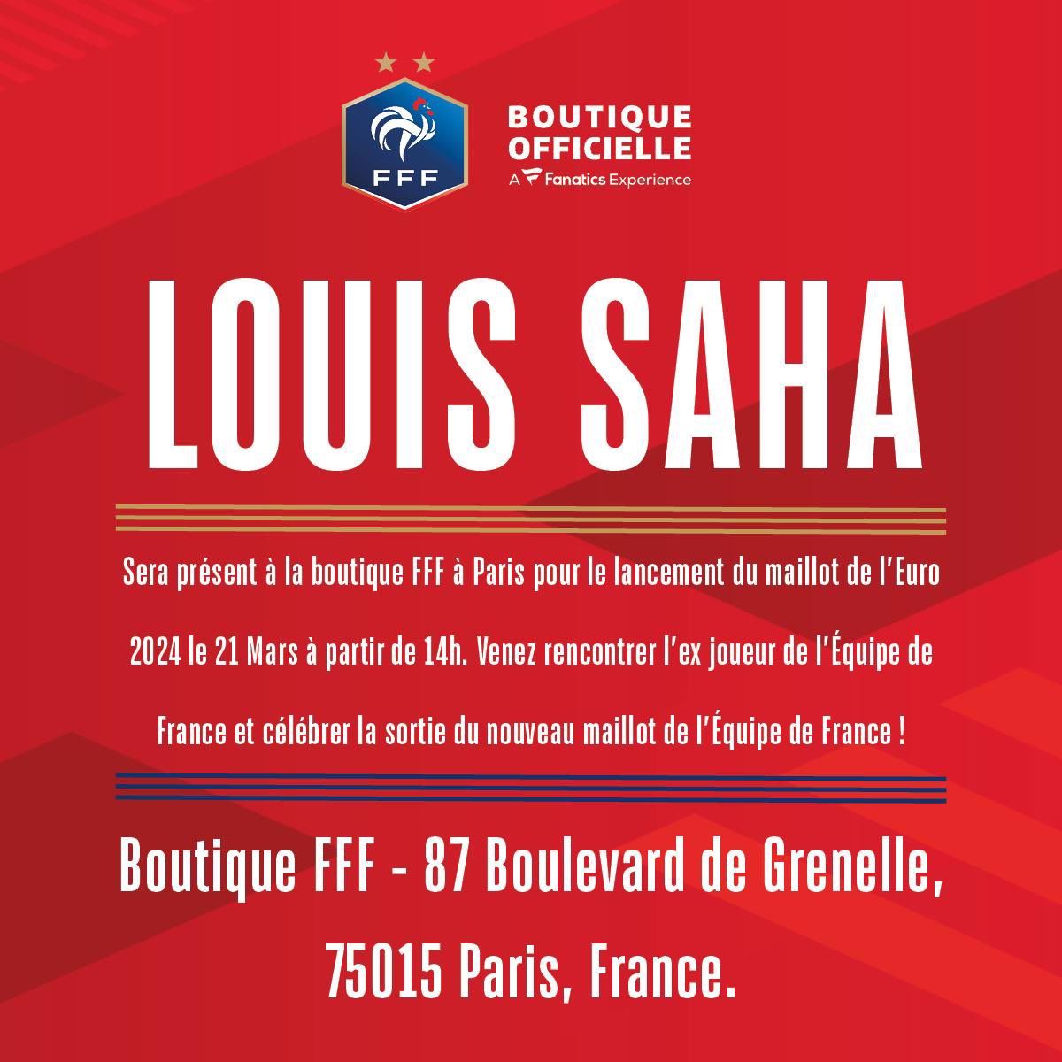 Hey! Rejoignez-moi au magasin FFF à Paris ce jeudi 21 mars pour le lancement des nouveaux maillots de l’équipe de France!!! Je serai là pour signer vos maillots et prendre des photos entre 14h et 18h. Célébrons ensemble ! #FFF #NouveauxKits #ÉvénementDeLancement #ParisBound