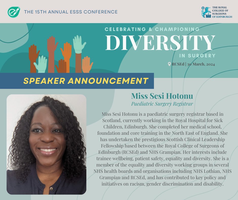 📢 Introducing Miss Sesi Hotonu who will deliver a talk entitled 'A Slightly Unconventional Journey Through Surgery - Choosing Self First' at the ESSS 15th Annual Undergraduate Surgery and Trauma Conference! Join us on March 30th, RCSEd share.medall.org/events/esss-15…