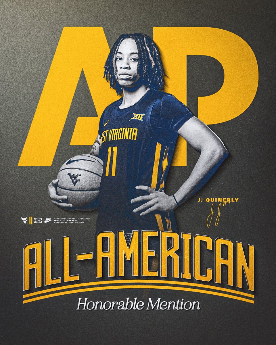 WVUWBB's tweet photo. 𝐇𝐨𝐧𝐨𝐫𝐚𝐛𝐥𝐞 𝐌𝐞𝐧𝐭𝐢𝐨𝐧 𝐀𝐥𝐥 𝐀𝐦𝐞𝐫𝐢𝐜𝐚𝐧

JJ Quinerly becomes the 14th Mountaineer to collect AP All-American honors!

📰 https://t.co/IYBHLuP6F5 

#HailWV | @Hoops11Jj https://t.co/wh8s4WXSKR