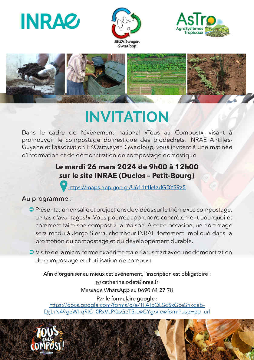 INRAE Antilles-Guyane et l’association EKOsitwayen Gwadloup, organisent une matinée d’information et de démonstration de compostage domestique le  26 mars 2024 de 9h à 12h (INRAE - Duclos – Petit-Bourg)
Inscription obligatoire ici  : 
docs.google.com/forms/d/e/1FAI…