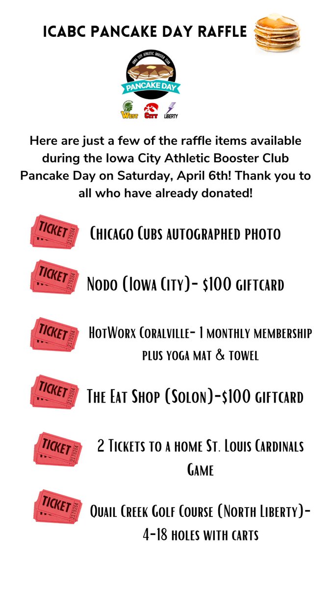 Mark your calendars!  The Iowa City Athletic Booster Club Pancake Day is Saturday, April 6th at Iowa City West! If you want to donate or buy tickets, click here!iccsdfoundation.org/pancake-day/