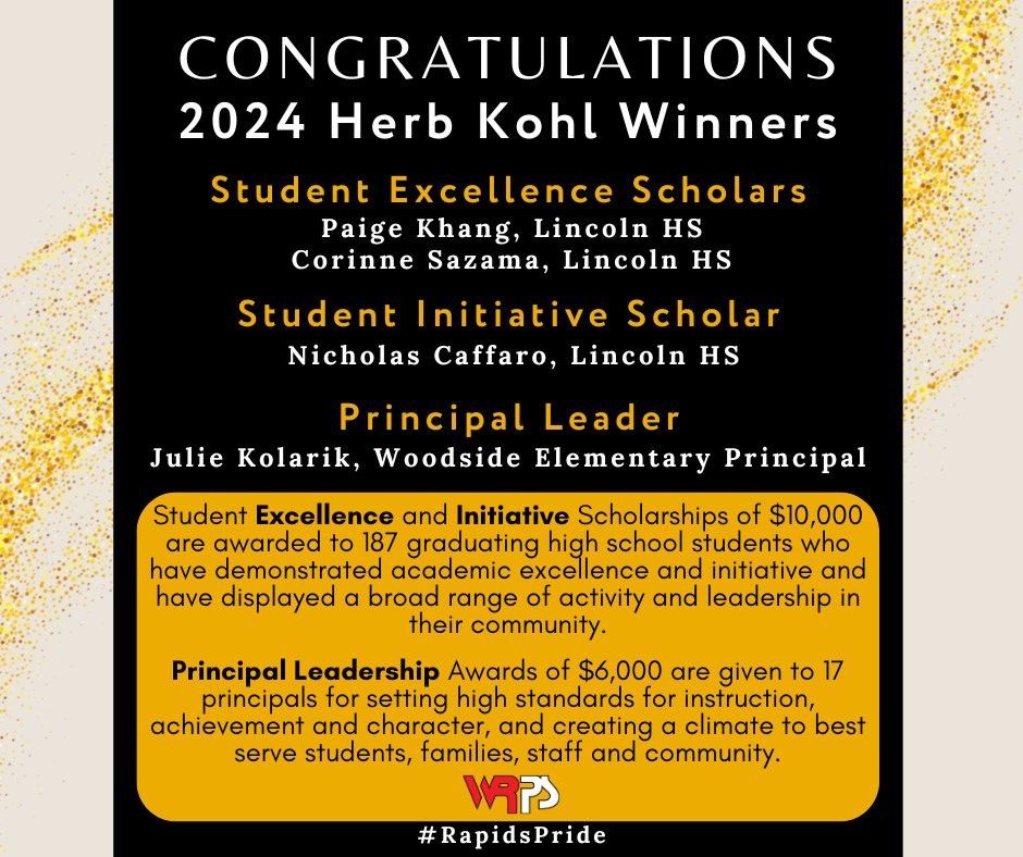 WRPS (@wrpsdistrict) on Twitter photo The <a href="/HKEdFoundation/">Herb Kohl Educational Foundation</a> award program was started by Herb Kohl, former U.S. senator, philanthropist, & businessman who passed in December, 2023. WRPS has a strong history of success in numerous Kohl award program categories by both students & staff. Congratulations! 👏 #RapidsPride The <a href="/HKEdFoundation/">Herb Kohl Educational Foundation</a> award program was started by Herb Kohl, former U.S. senator, philanthropist, & businessman who passed in December, 2023. WRPS has a strong history of success in numerous Kohl award program categories by both students & staff. Congratulations! 👏 #RapidsPride