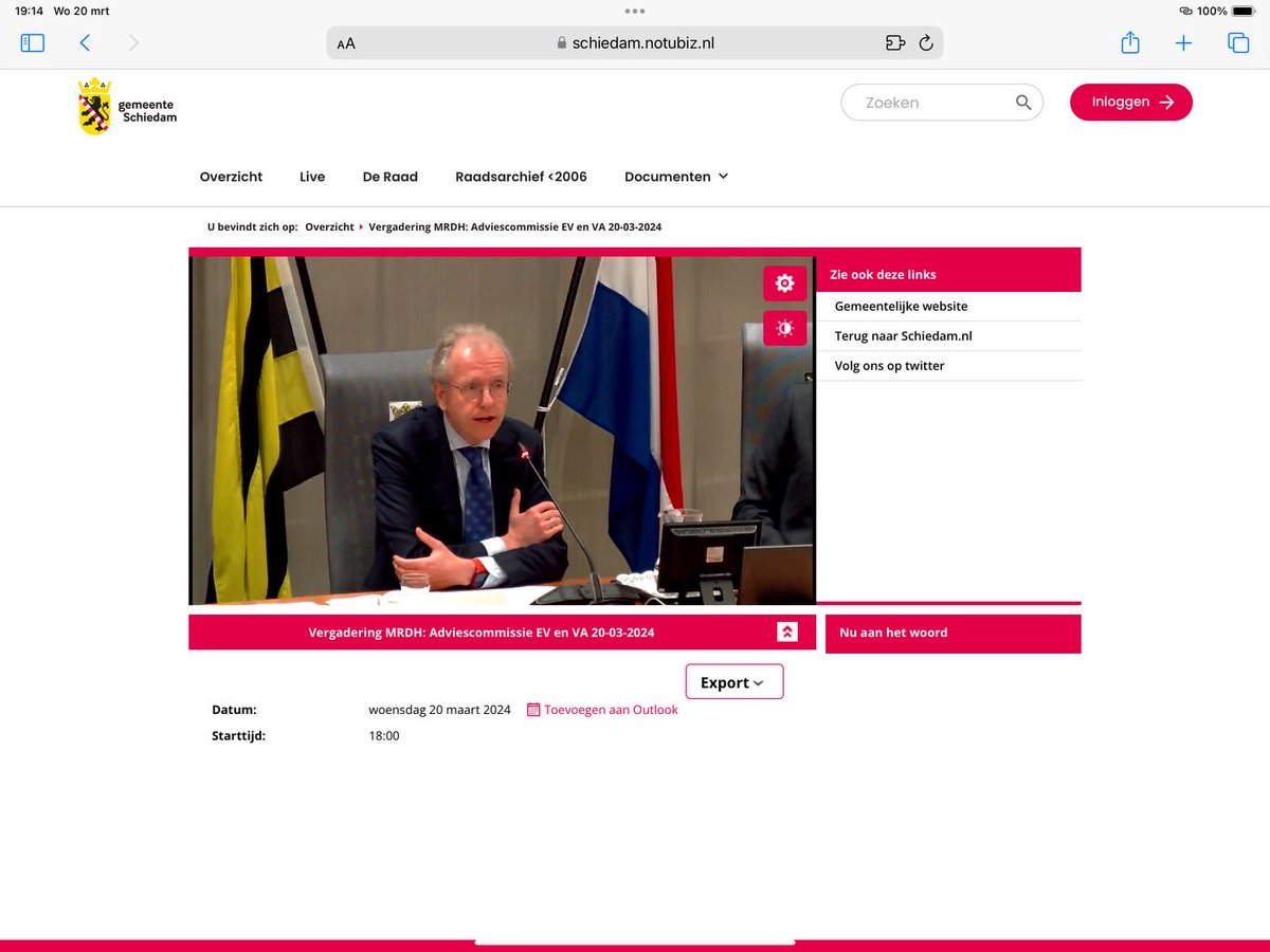 Vanavond komen raadsleden uit de 21 gemeenten van de <a href="/Metropoolregio/">MRDH</a> bij elkaar. De vergaderingen van deze adviescommissie(s) wordt nu live uitgezonden. Deze keer (nog) via het Raadsinformatie systeem van Schiedam. 

schiedam.notubiz.nl/vergadering/12…